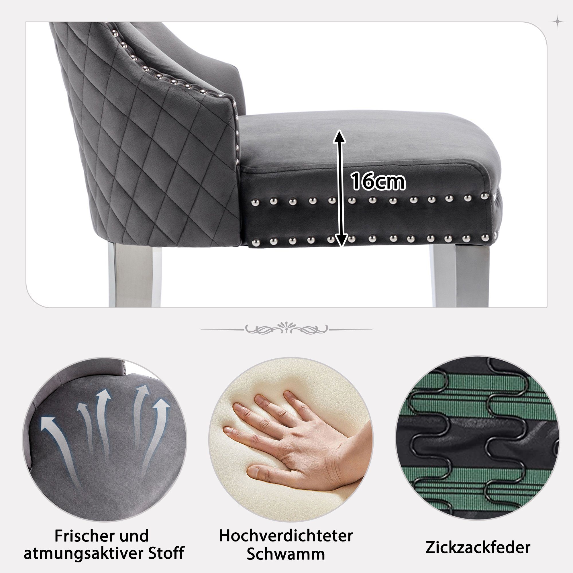 Esszimmerstuhl (Polsterstuhl, 4 St), mit Türklopfer, Beine aus Edelstahl, gepolsterte Sitzfläche aus Samt