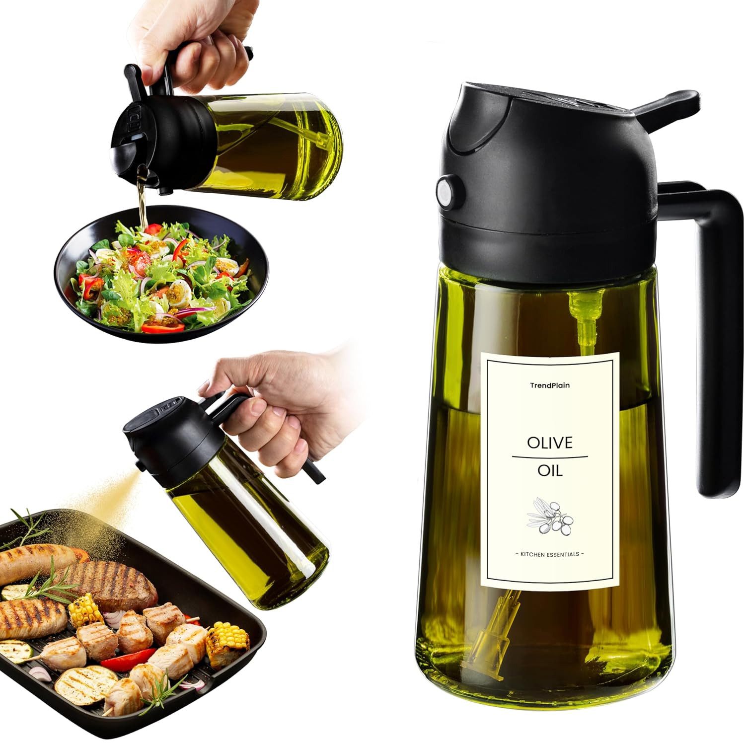 TUWENA Ölspender 470ml Öl Sprühflasche 2 in 1 Ölsprüher Ölspray lichtschützendem Design, (1-tlg), Küchen Gadgets für Kochen, Salat und Grill