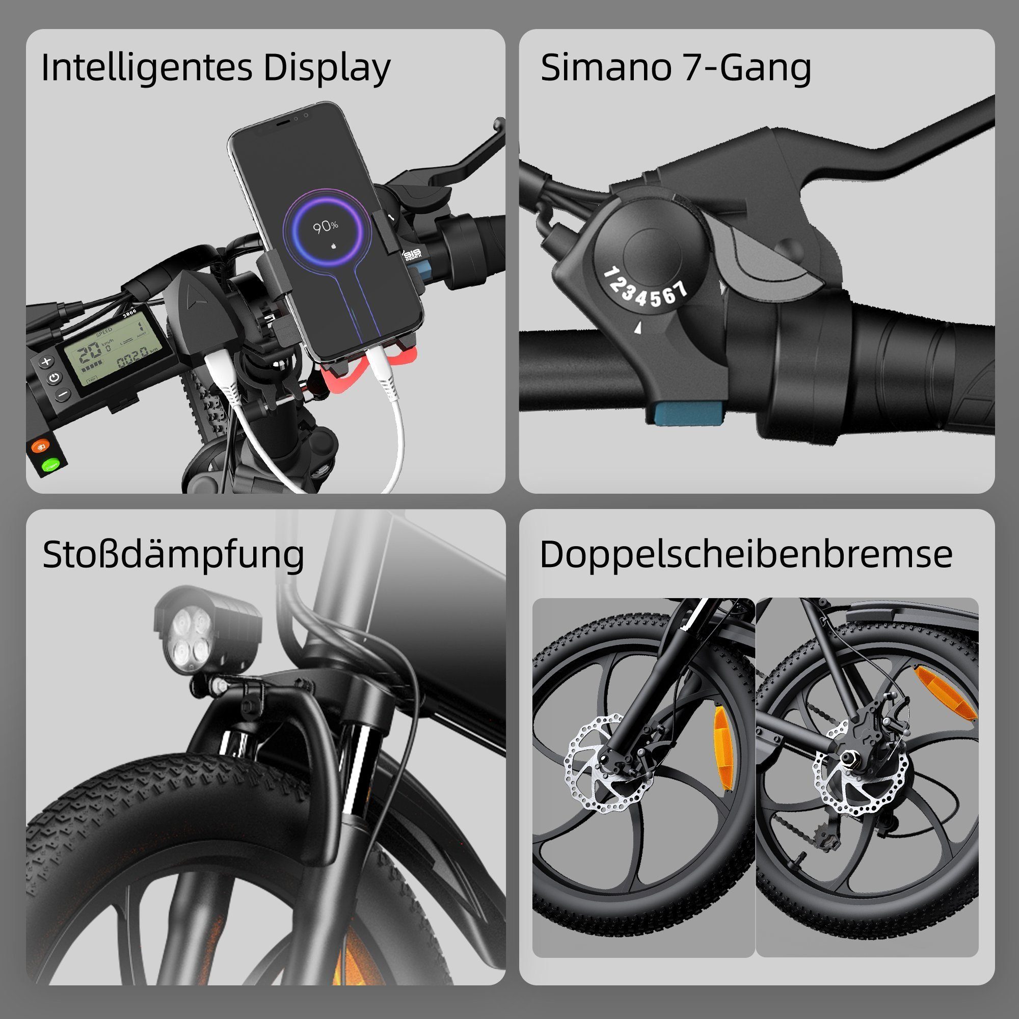 7 Zoll 20 Kettenschaltung, E-Bike ebike StVZO A20+ Elektrofahrrad, ADO Herren/Damen, Gang, Schwarz Pedelec E-Bike