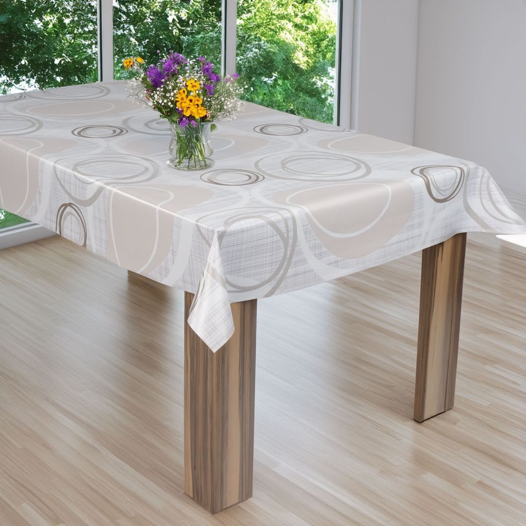 laro Tischdecke laro Wachstuch-Tischdecke Wachstischdecke Kreiswogen Weiß Beige – Bild 3 von 5