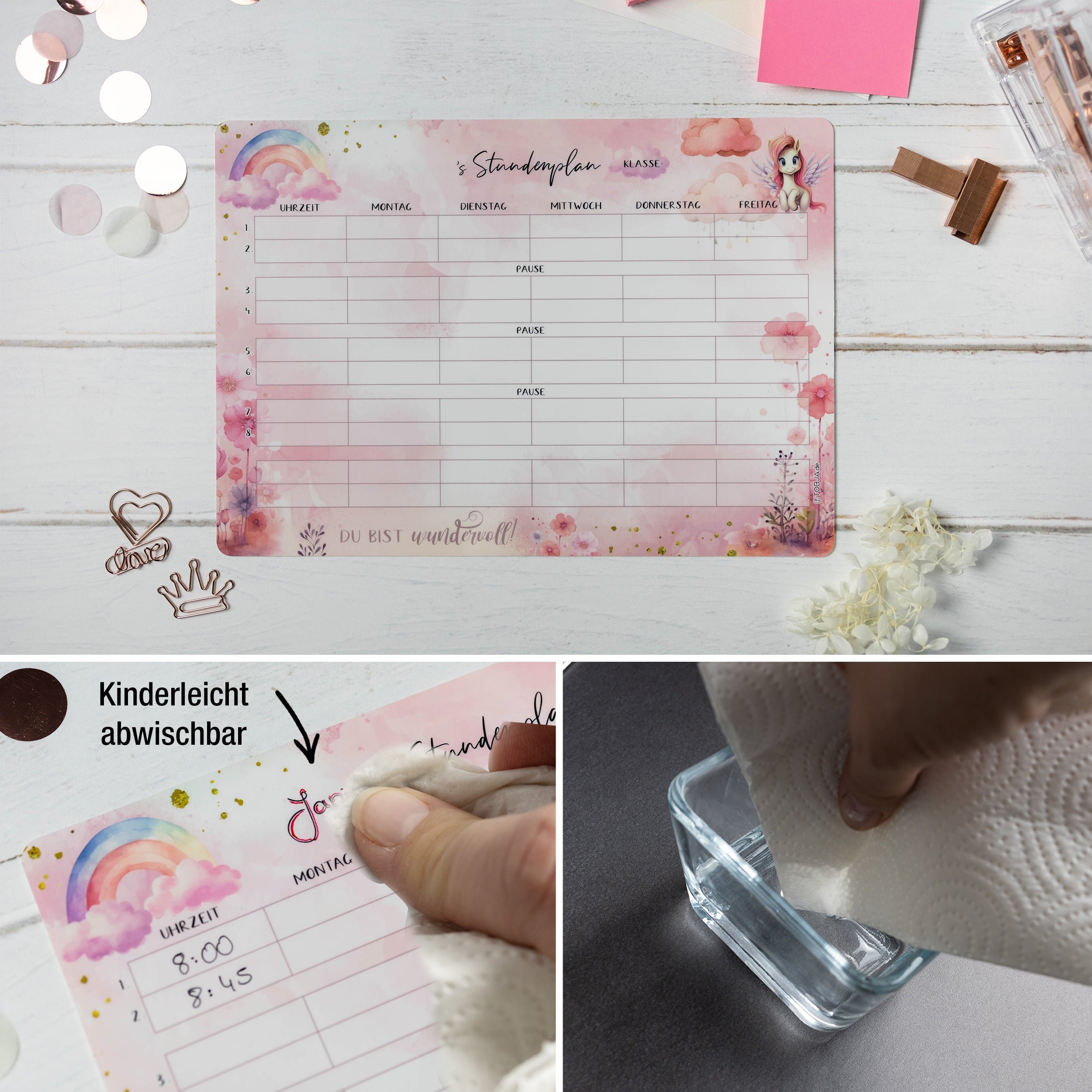 TOBJA Wandtafel Stundenplan Unicorn Einhorn - inkl. Stift, wiederablösbar, Mädchen Rosa Grundschule Wochenplaner Schule – Bild 5 von 5