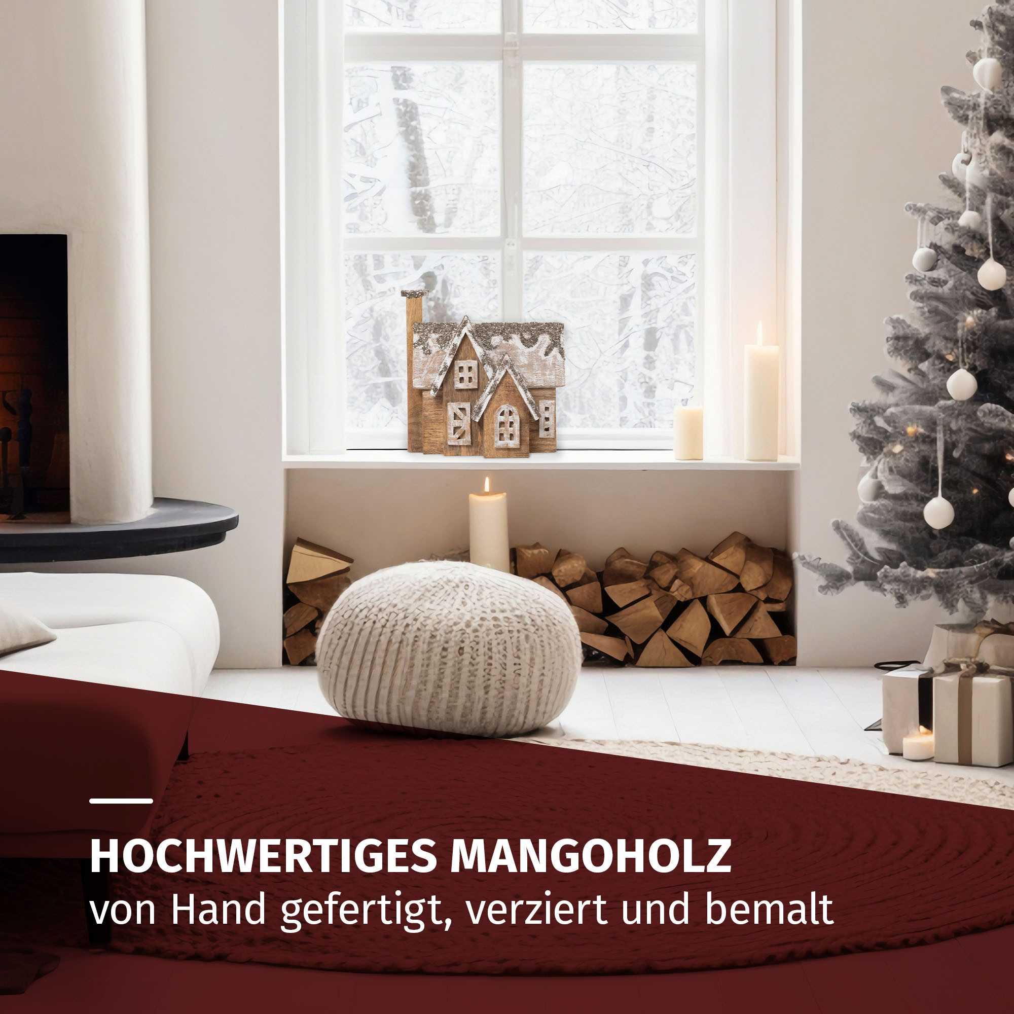 Moritz Skulptur Weihnachtsdeko Holzhaus mit Glitzerdach aus Holz 28 x 29 cm, Holz, Tischdeko, Fensterdeko, Wanddeko, Holzdeko, Weihnachtsdeko