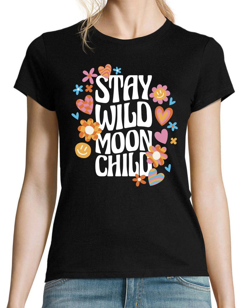 Designz Wild "Stay Chill" Schwarz Shirt Youth Damen Moon Frontprint T-Shirt mit trendigem
