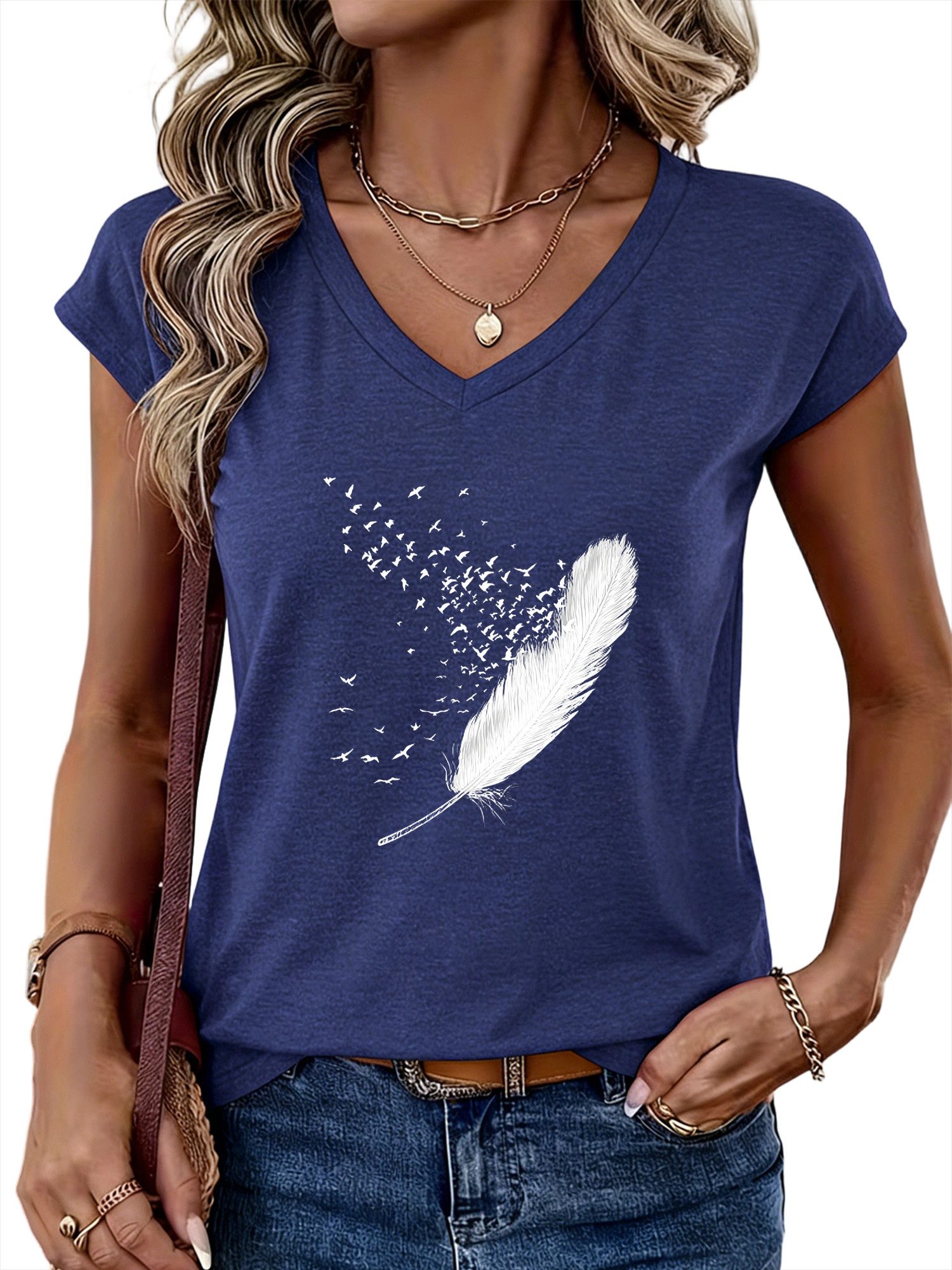 PYLIKE Tanktop Damen Sommer Casual bequemes Achselhemd mit Feder Print-Shir günstig online kaufen