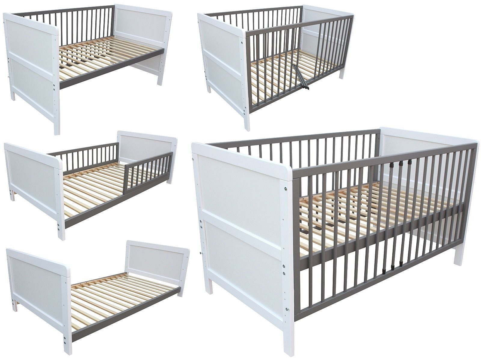Kinderbett Kinderbett Juniorbett Beistellbett Gitterbett 140x70 cm 3in1 weiß-grau