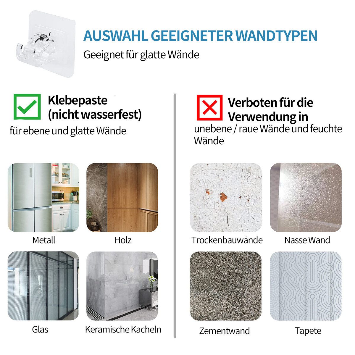 MOPUEA Gardinenstangenhalter Vorhangstange Clip Halter klebrige Haken Transparent Farbe, (Gardinenstangenhalter Set selbstklebend ohne Bohren, 8 transparente se – Bild 5 von 5