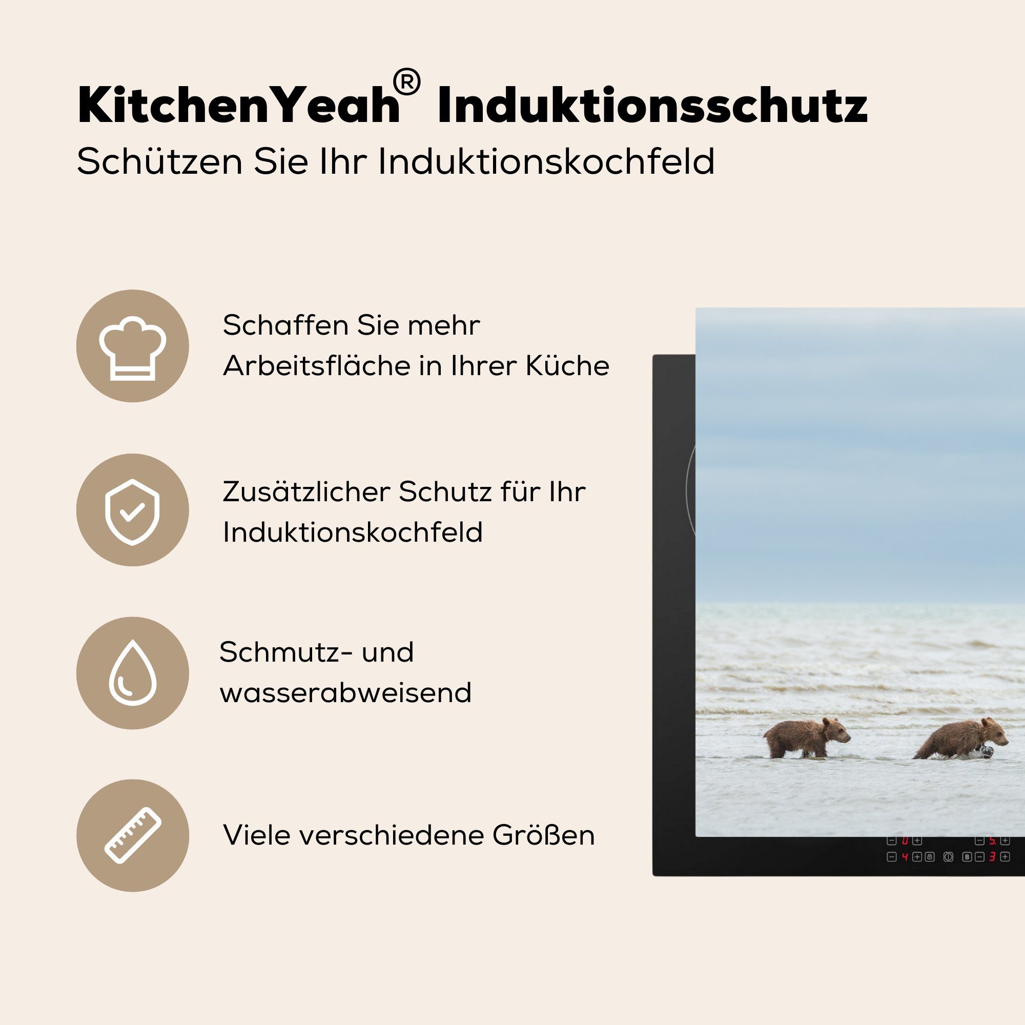 MuchoWow Herdblende-/Abdeckplatte Vinyl, Strand - Junge, küche, für - die Induktionskochfeld cm, Bär (1 81x52 tlg), Schutz Ceranfeldabdeckung