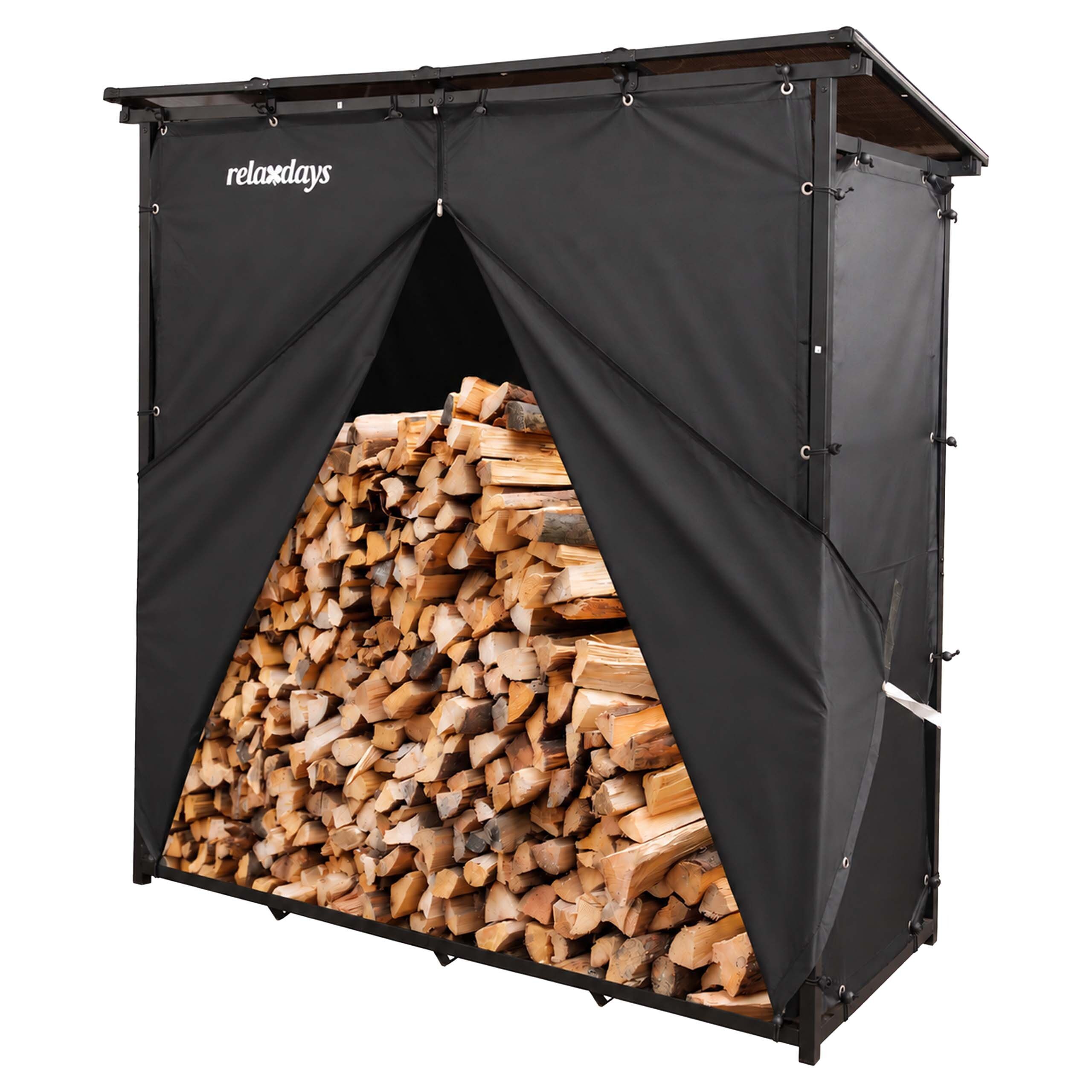 relaxdays Kaminholzregal mit Dach & Abdeckung, BxTxH:185x70x185 cm, schwarz