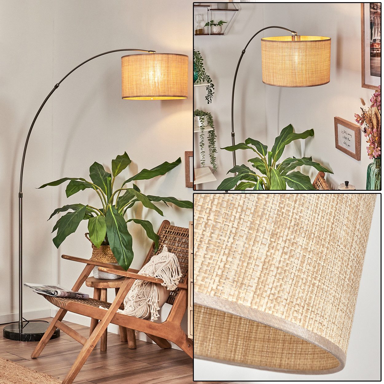 hofstein Bogenlampe Stehlampe aus Metall/Papiergeflecht in Nickel-matt/Schwarz/Natur/Braun, verstellbare Stehleuchte mit Marmorfuß u.Fußschalter, Boho-Design, E27
