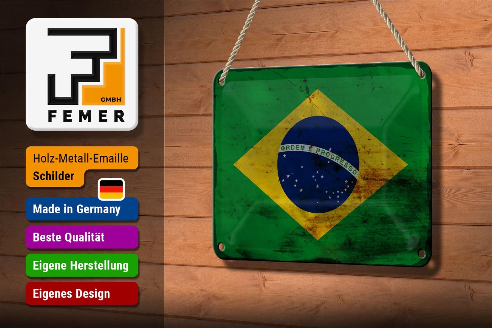Femer GmbH Metallschild Flagge Brasilien 18x12cm Flag of Brazil Rost, (1 St), gewölbte Oberfläche, abgerundete Ecken, umgeschlagene Kanten