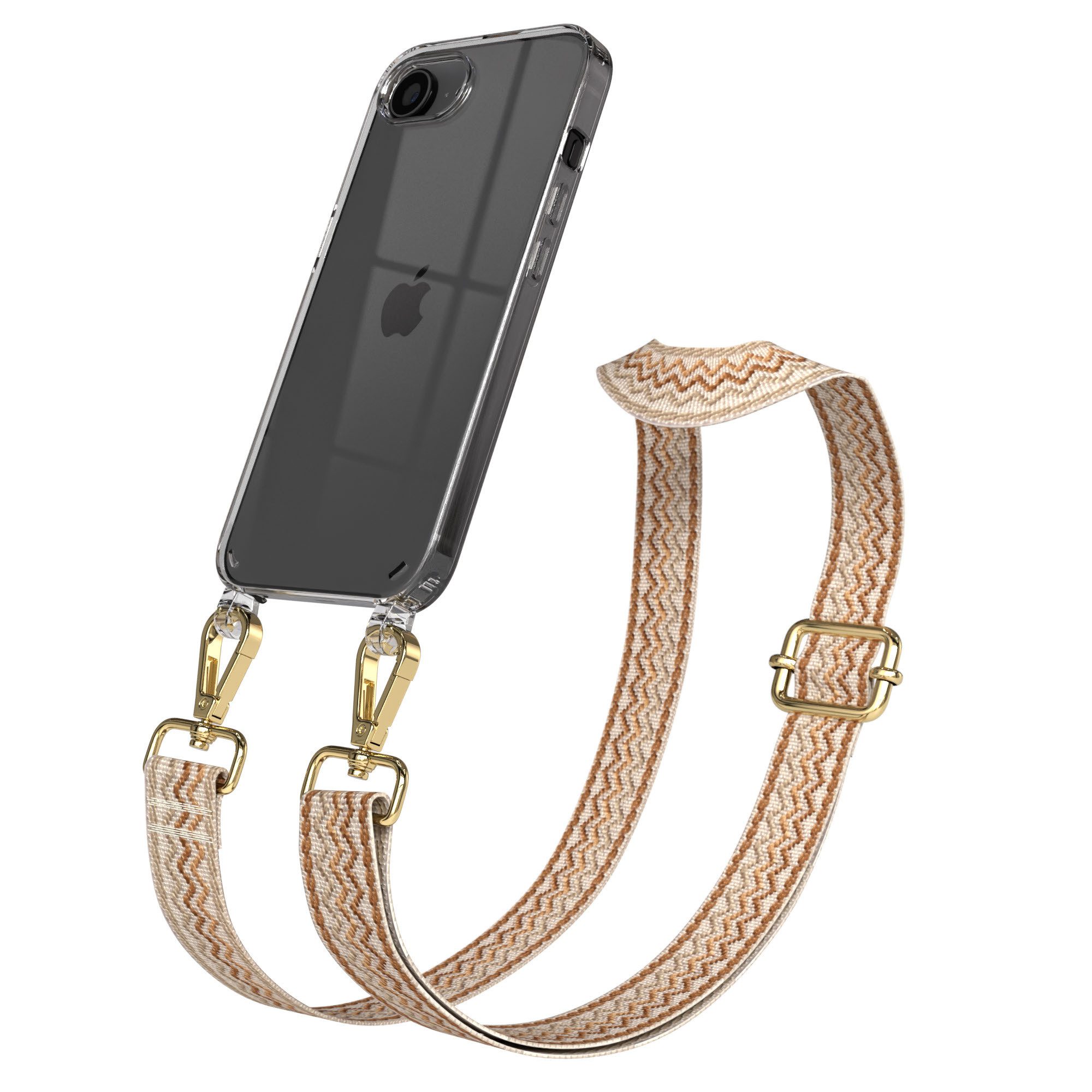 EAZY CASE Handykette Apple iPhone 16e Chain Eyelets Slim Neck Strap Set 6,1 Zoll, Schulterriemen Taschenband Handyband Clear Hülle mit Band Beige