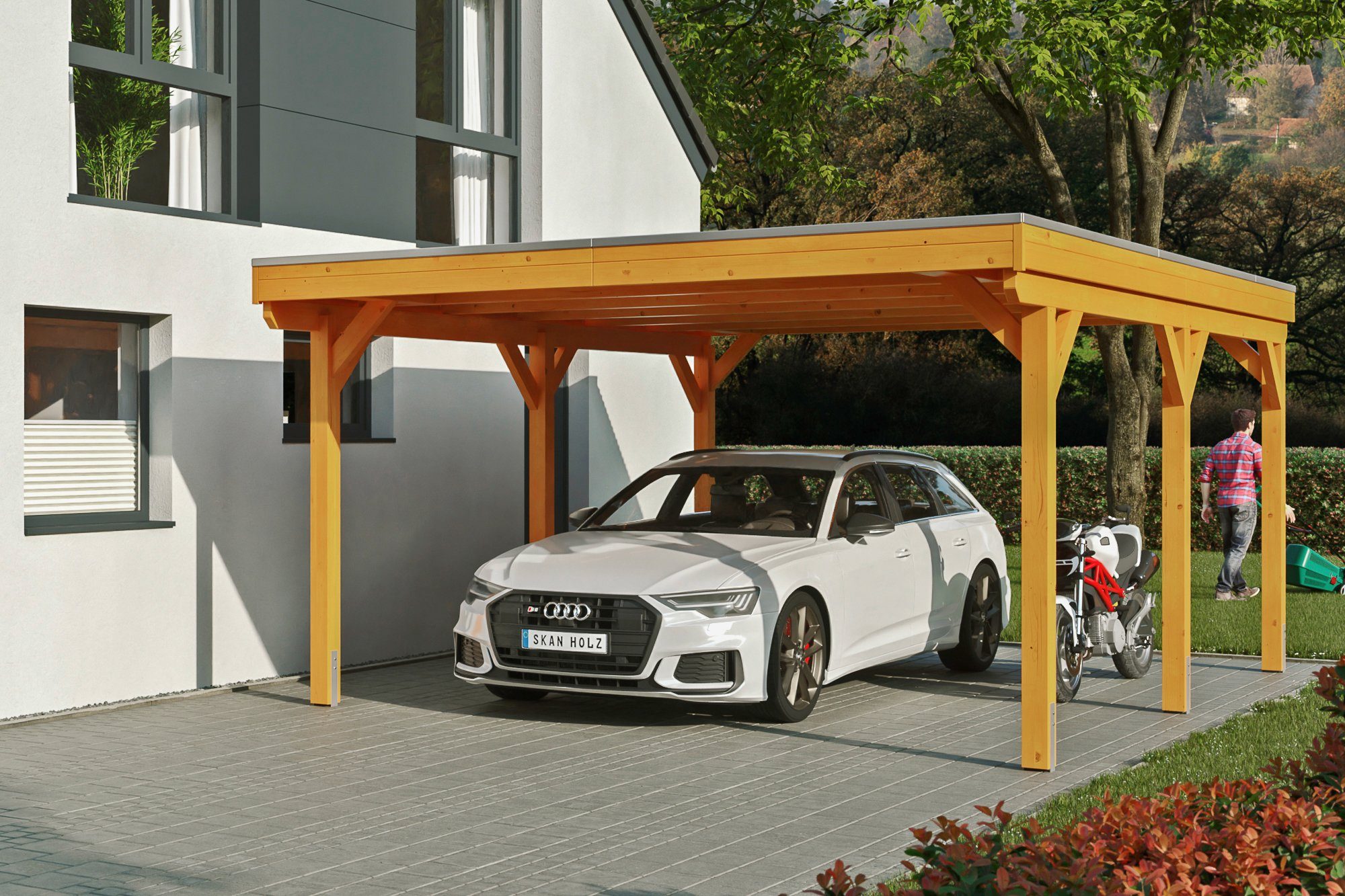 Skanholz Einzelcarport Grunewald, BxT: 427x554 cm, 395 cm Einfahrtshöhe,  mit Aluminiumdach, Flachdach mit Aluminium-Dachplatten, farblich behandelt  in eiche hell