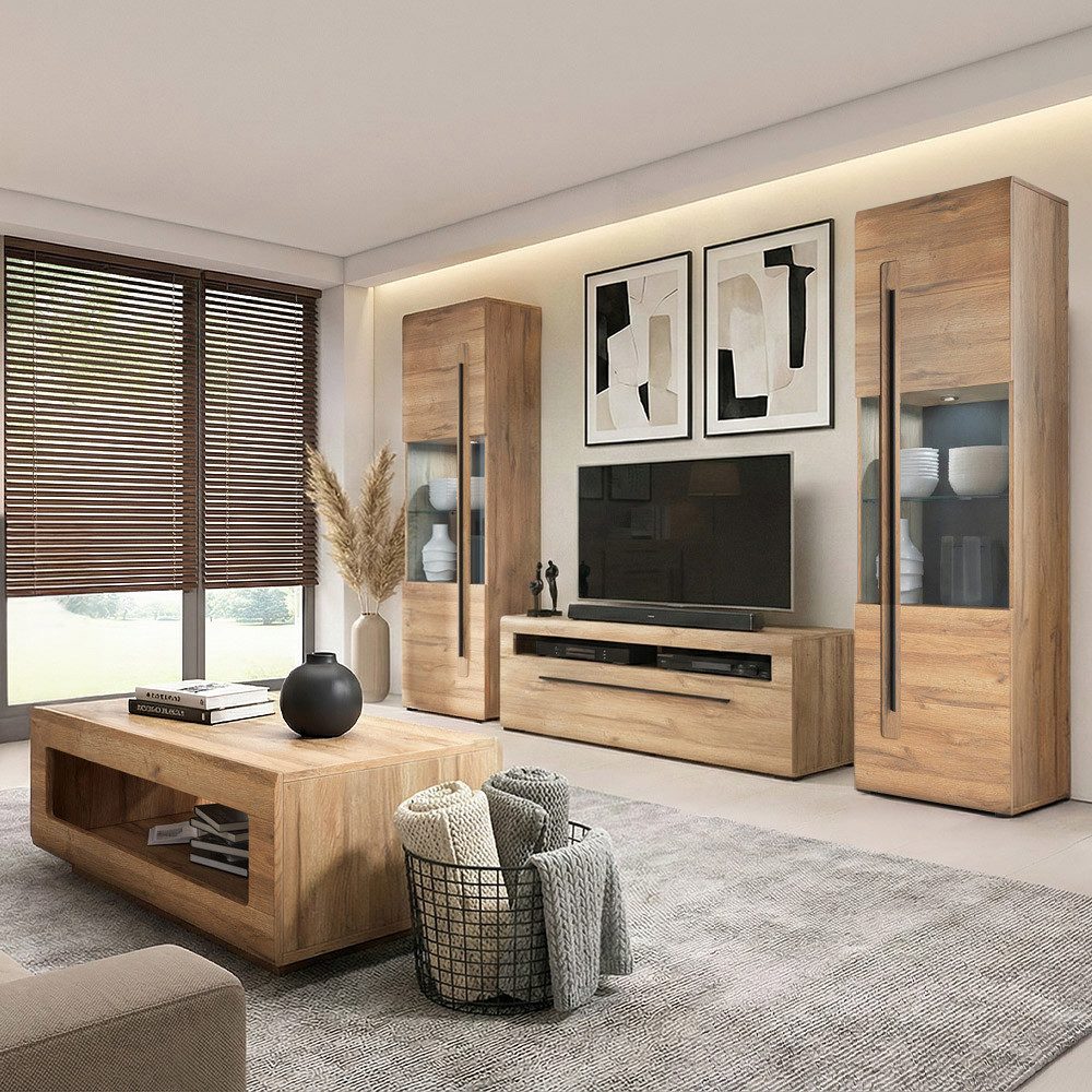 Lomadox Wohnzimmer-Set TURDA-83, (Mega-Spar-Set, 4-St., Couchtisch Highboard Lowboard Sideboard Vitrine Wandregal), Eiche Dekor braun Metallgriffe in schwarz modern inkl. LED Beleuchtung
