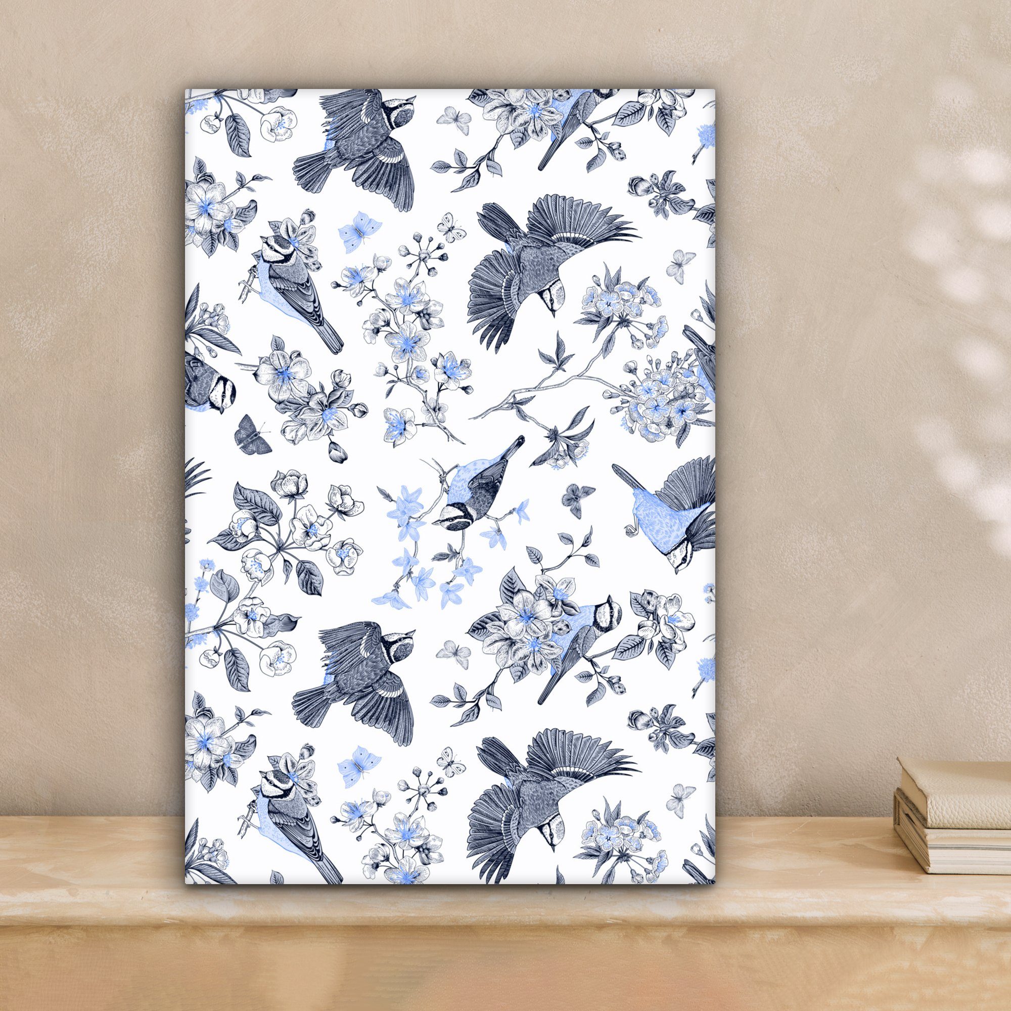 - (1 cm Blumen inkl. Zackenaufhänger, St), Vogel Blau, 20x30 fertig Leinwandbild bespannt Leinwandbild - Gemälde, OneMillionCanvasses®