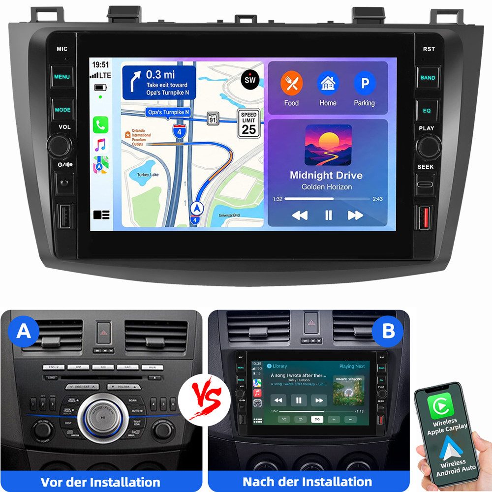 ESSGOO Für Mazda 3 BL 2010-2013 Android 15 Carplay GPS Bluetooth Autoradio (RDS, Digitalradio (DAB), FM)