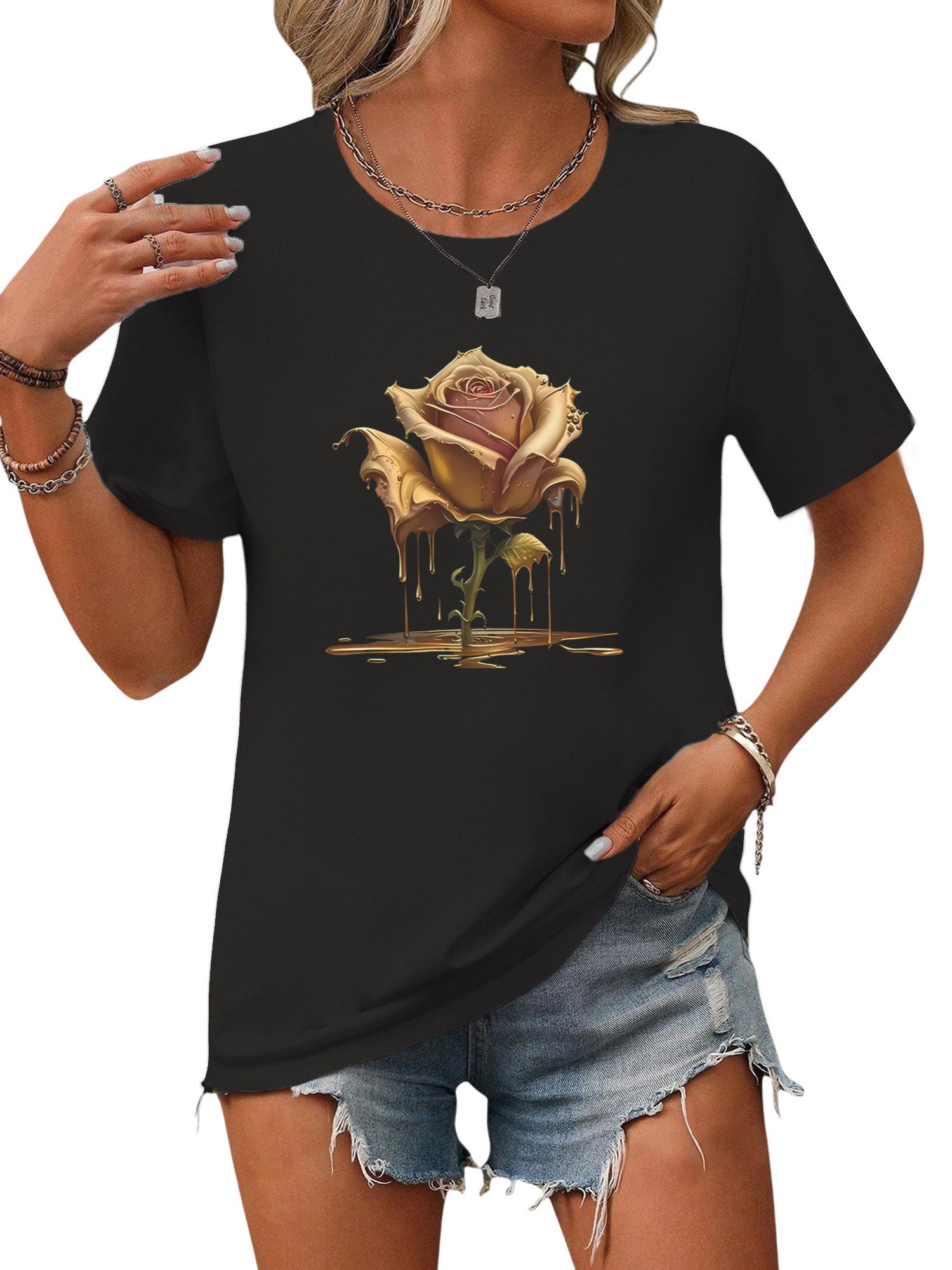 PYLIKE T-Shirt Damen Bequemes Sommer Kurzarmbluse Rose Ausgefallene T-Shirt günstig online kaufen