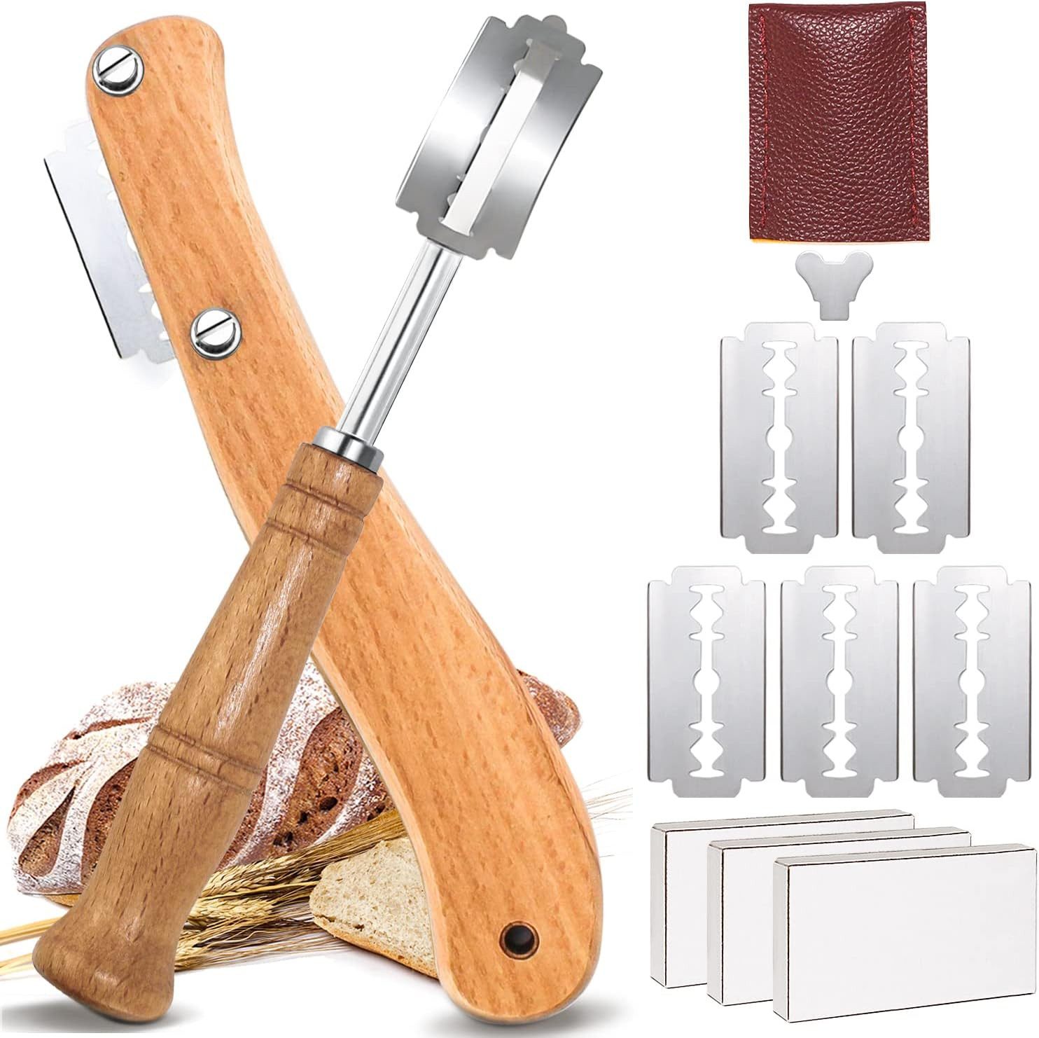 ibettertec Teigmesser Bäckermesser 2er-Set mit 20 Ersatzklingen,Edelstahl, Holzgriff, ideal für Baguette, Landbrot & Vollkornbrot