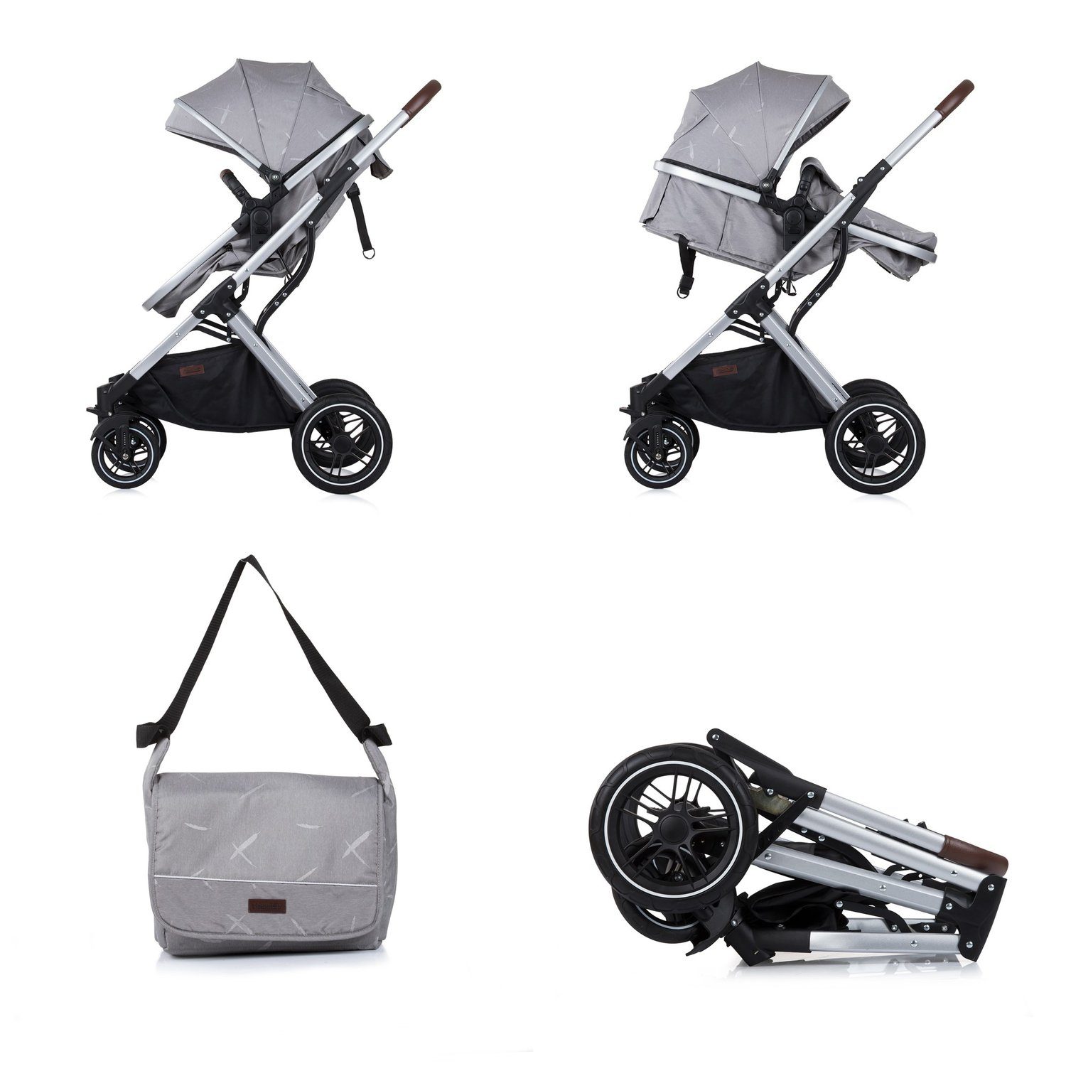 Chipolino Kombi-Kinderwagen Kinderwagen Zara 2 Schwenkräder 1, Korb Wickeltasche Hinterradbremse grau in