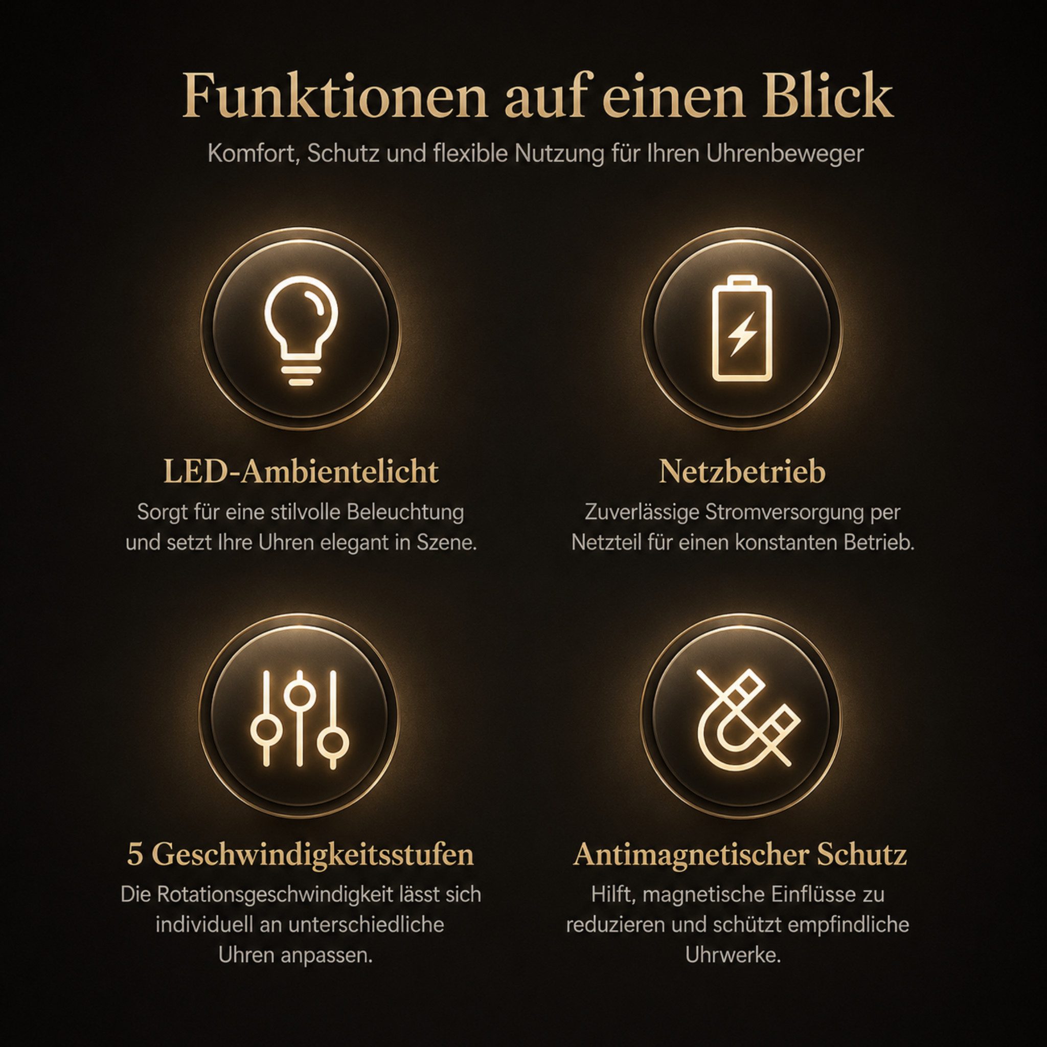 HS.SUPPLY Uhrenbeweger Uhrenbeweger Automatikuhren mit LED-Beleuchtung, (Komplett-Set, Komplett-Set), LED-Licht, 5 Stufen, Netzbetrieb, leiser Motorantrieb – Bild 2 von 5