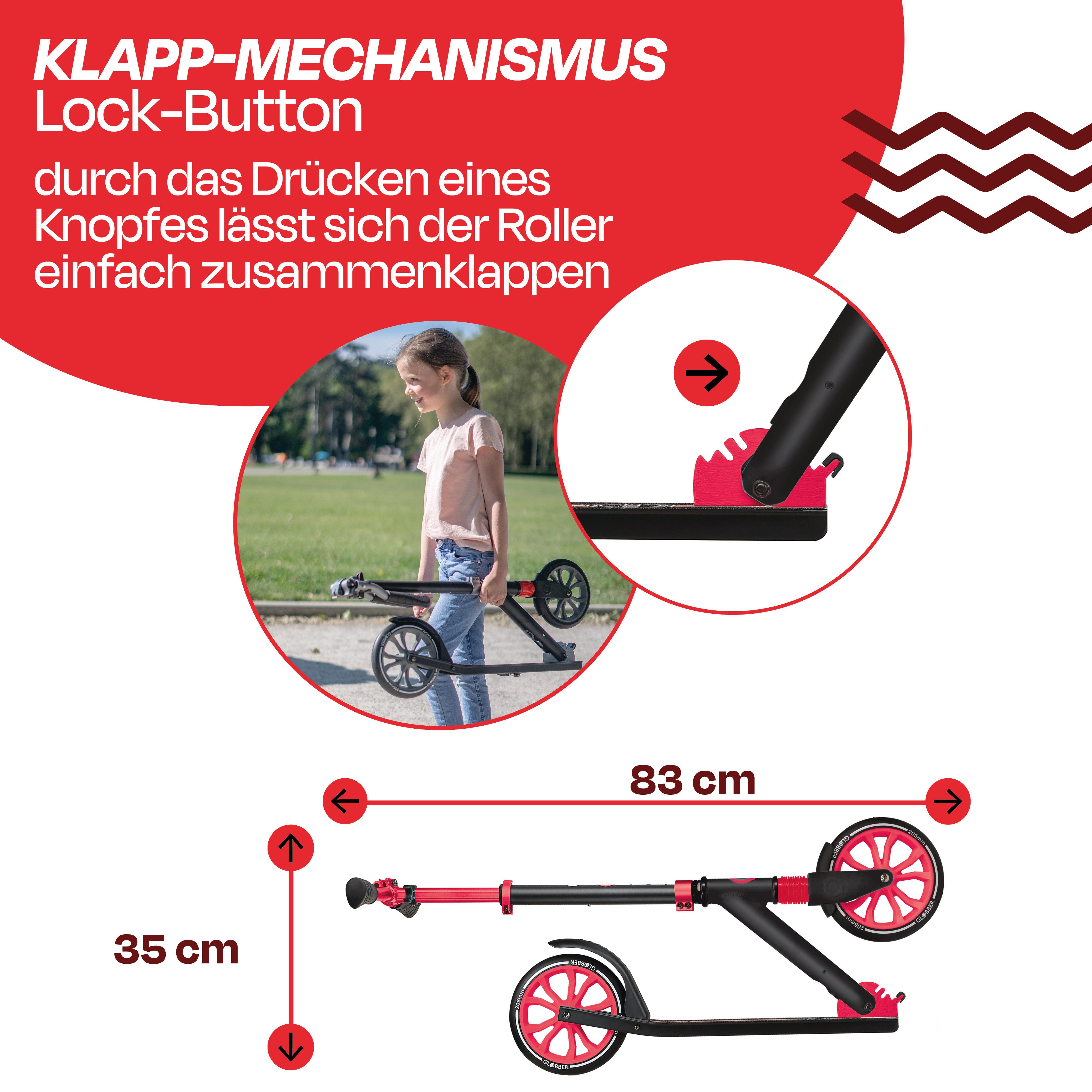 Globber Tretroller NL 205 Scooter - Für Kinder, Teens & Erwachsene, ABEC 7, Federung, Frontfederung PU-Rollen 205 mm Alu-Deck, Antirutsch