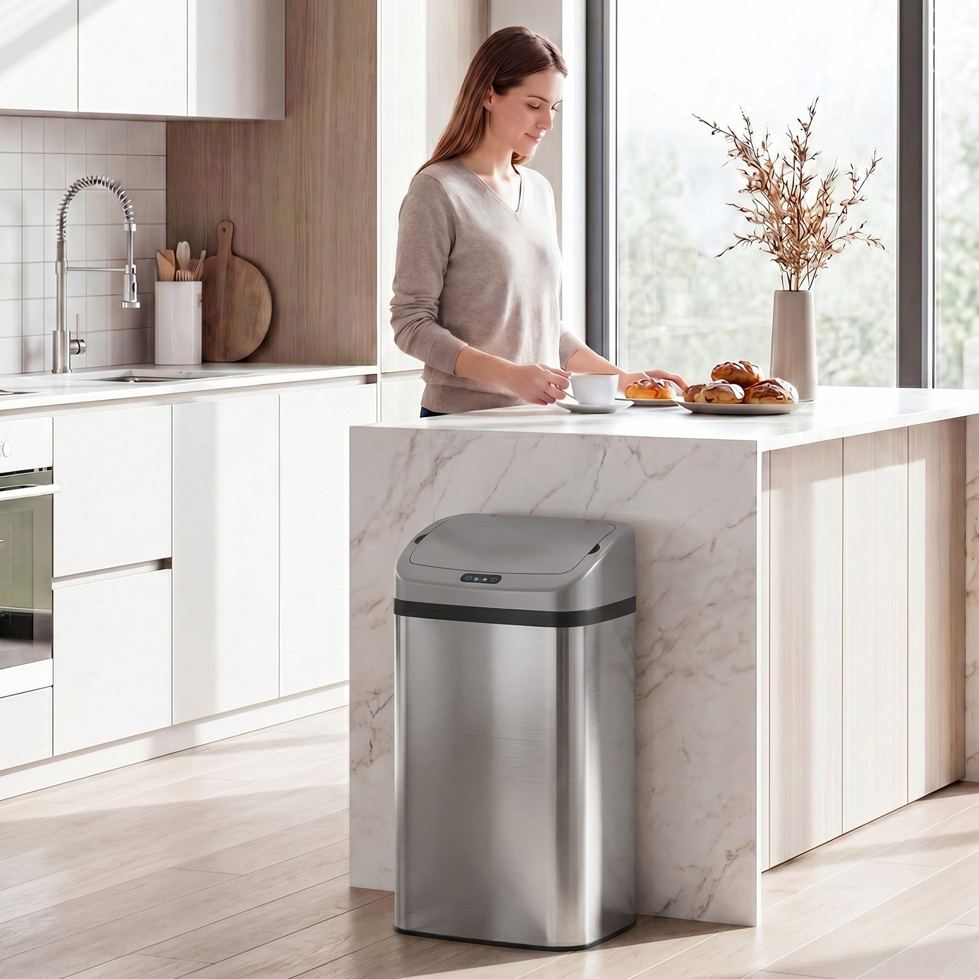HOMCOM Mülleimer Sensor Edelstahl Fingerabdruckresistente für Büro, Automatische Schließ-Funktion, Silberton