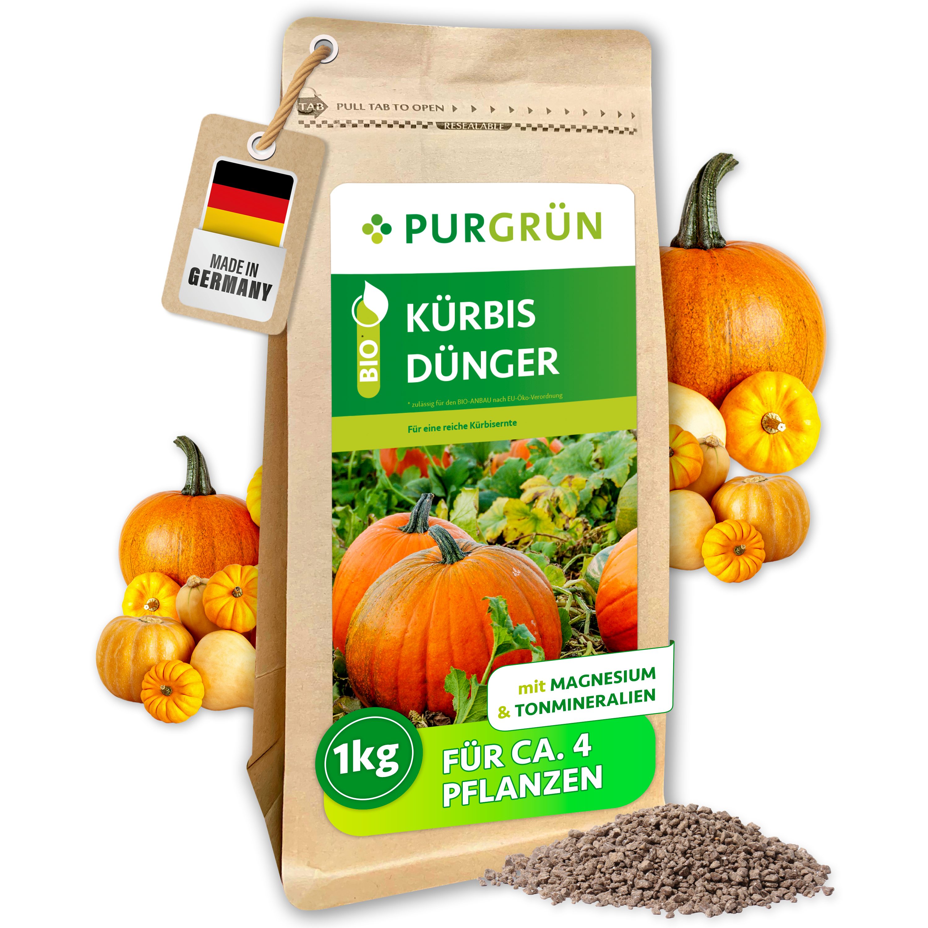 Purgrün Gemüsedünger Bio Kürbis Dünger, NPK 6+3+8, Magnesium, 1 kg, Granulat, 1-St., 1 kg
