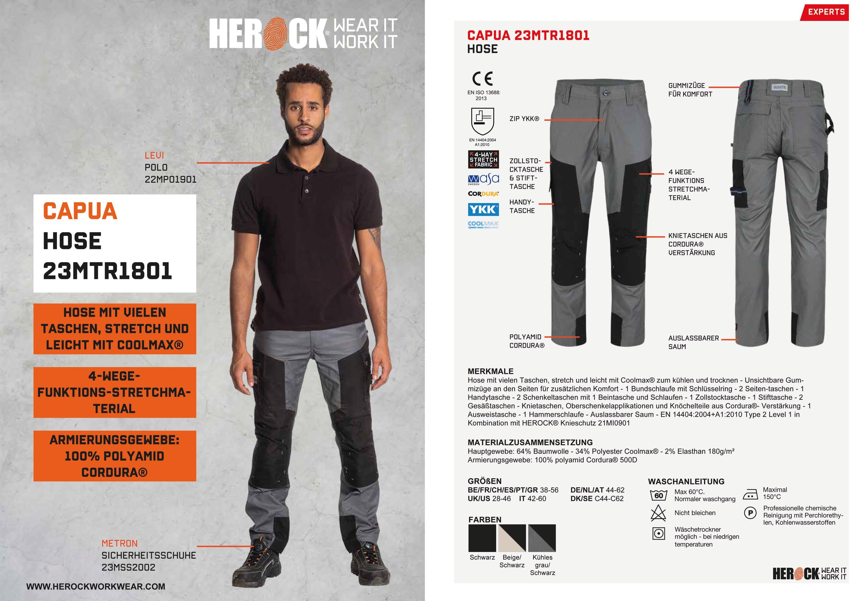 Capua Farben mehrere Stretch, grau mit Taschen, Coolmax® Hose -Techn.; Viele Arbeitshose leicht Herock