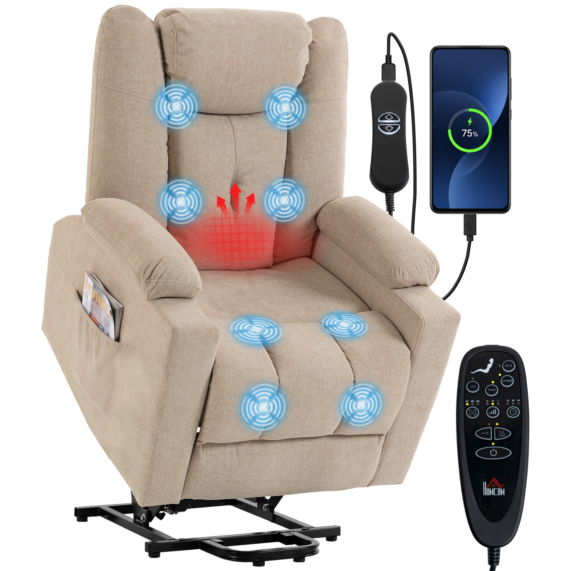 HOMCOM Relaxsessel Fernsehsessel mit Liegefunktion, Vibrationsmassage, Cremeweiß (Set, 1-St., 1), Aufstehhilfe, Massage, Wärme, USB – Bild 2 von 5