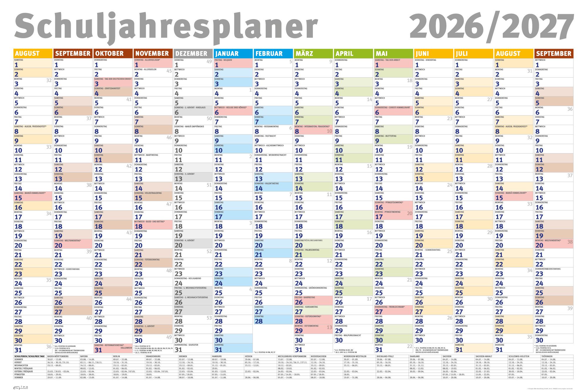 Poster Schuljahresplaner 2026/2027 - Wandplaner Kalender Poster Druck - Gröss