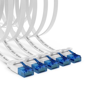 deleyCON 5x 1m CAT6 Flaches Netzwerkkabel 1,5mm Flachbandkabel U-UTP RJ45 Weiß LAN-Kabel