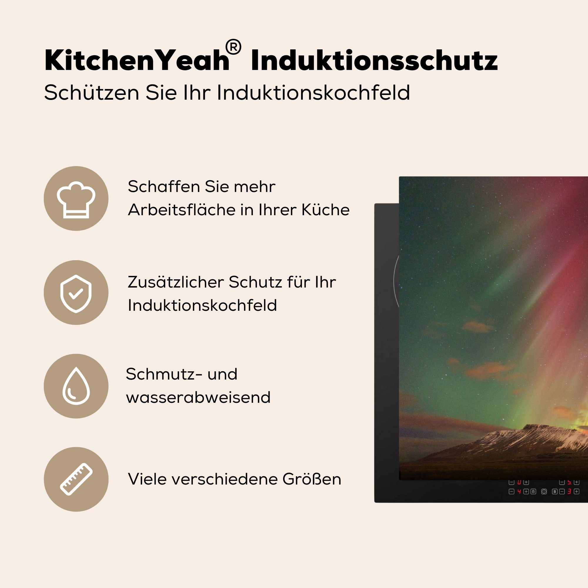 Induktionskochfeld - MuchoWow küche, Berg, Vinyl, 81x52 Herdblende-/Abdeckplatte Grün Nordlichter tlg), - für cm, die Ceranfeldabdeckung Rosa - Schutz (1