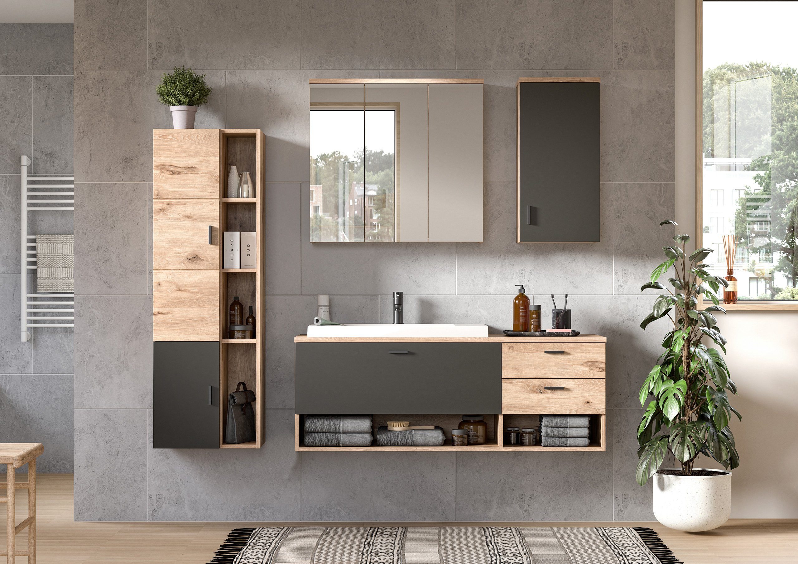 Newroom Badezimmer-Set Eiche 192 cm, Badezimmer-Set Eiche Badezimmermöbel Badezimmer Set Modern Zeitlos...