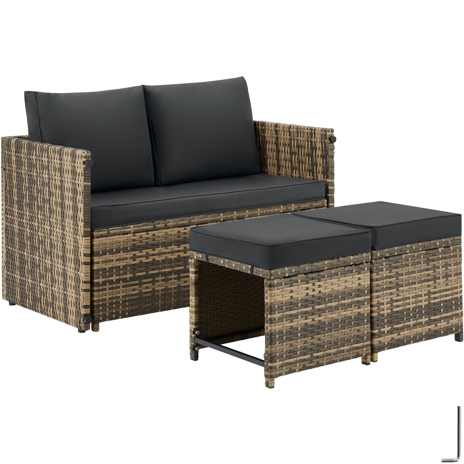 tectake Sitzgruppe Rattanlounge Monopoli - 2-in-1 Sofa & Essbereich mit Polstern, (Set., 3-tlg., 9 tlg), Hochwertiges Polyrattan und stabiles, pulverbeschichtetes Stahlgestell