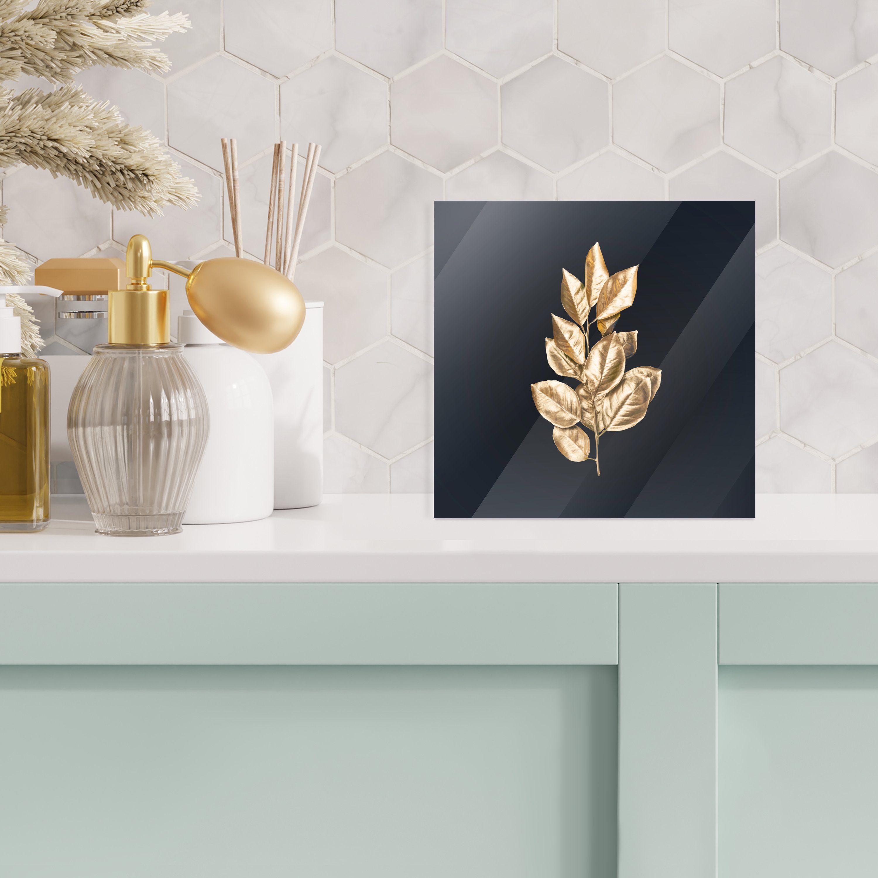 MuchoWow Acrylglasbild Pflanze - - - Schwarz auf bunt auf - Blätter Gold - Luxus, Bilder - (1 Wandbild Glas - Glas Wanddekoration Foto Glasbilder St)
