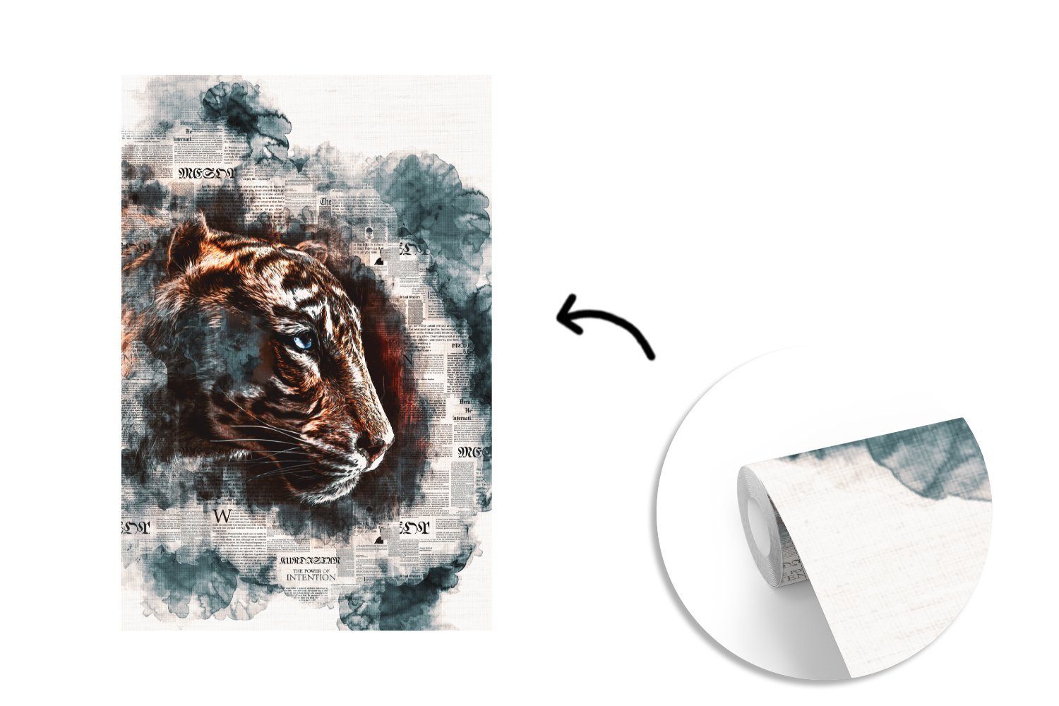 bedruckt, Zeitungen Tapete Fototapete Streifen, - MuchoWow Montagefertig für St), Matt, - (3 Tiger Vinyl Wandtapete Wohnzimmer,