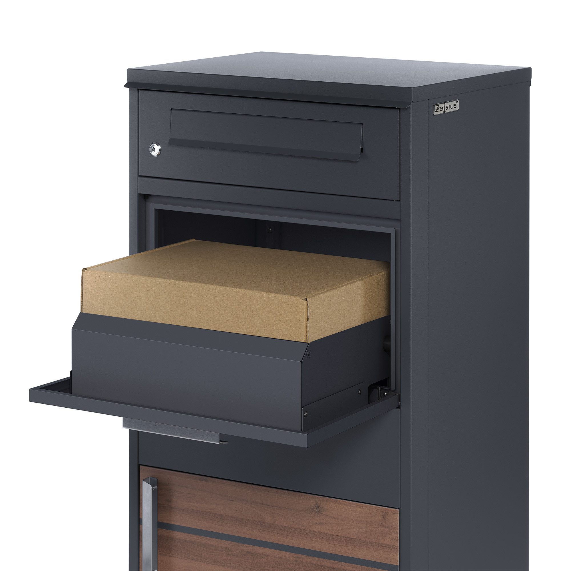 Zelsius Paketbriefkasten RAL7016 Anthrazit mit dunkelbraunen Holzoptik, Diebstahlsperre – Bild 5 von 5