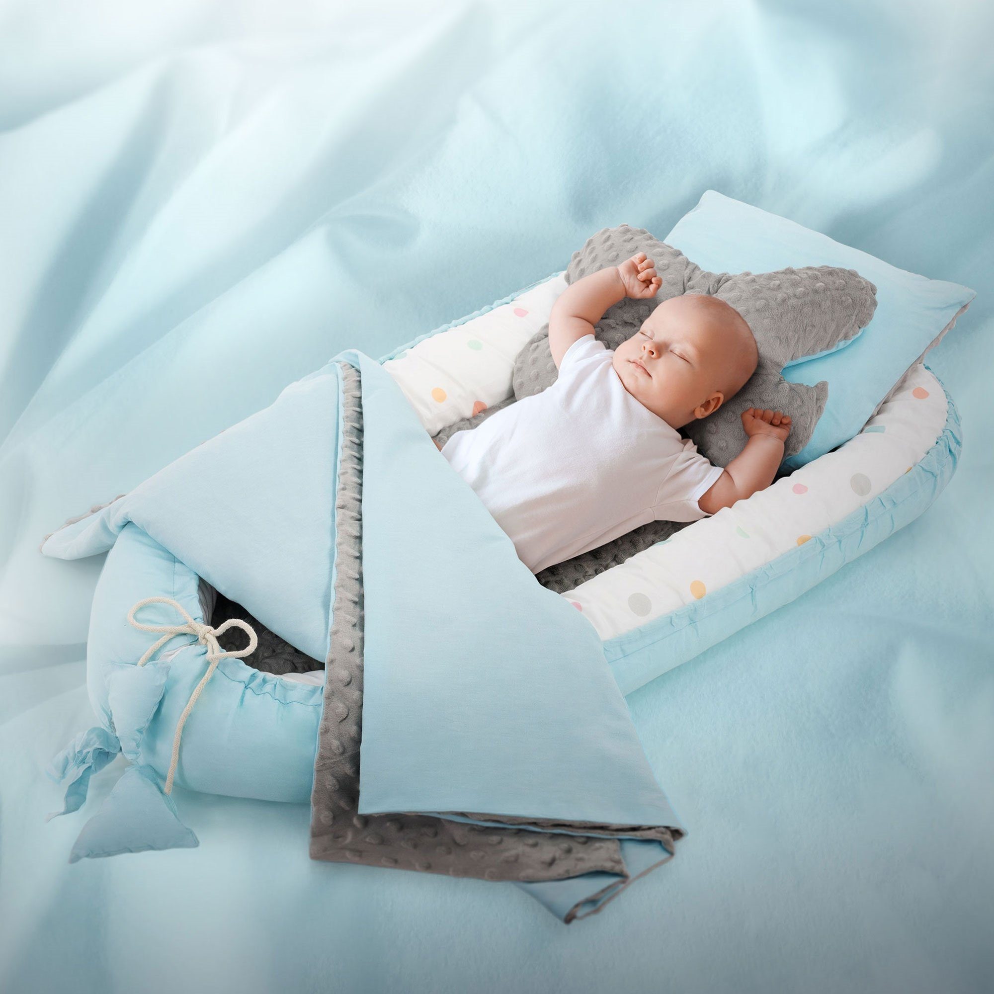 Joyz Babybett Babykokon Babybett Neugeborene Kuschelnest Reisebett, 5-tlg., 5 teiliges Set Blau Panda Hellgrauem Minky 90x50cm Baumwolle Kissen | Gitterbetten