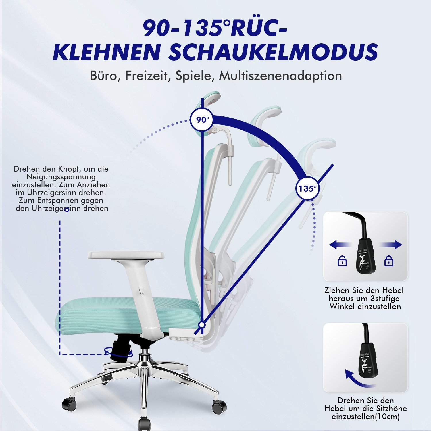 Adormii Bürostuhl bürostuhl ergonomisch, schreibtischstuhl mit verstellbarer Lendenstütze (Ergonomischer bürostuhl mit verstellbaren Armlehnen, büro stuhl bis zu 135° neigbar, ergonomic office chair mit höhenverstellbarer, atmungsaktiv und komfortabel, bürostuhl 200 kg)