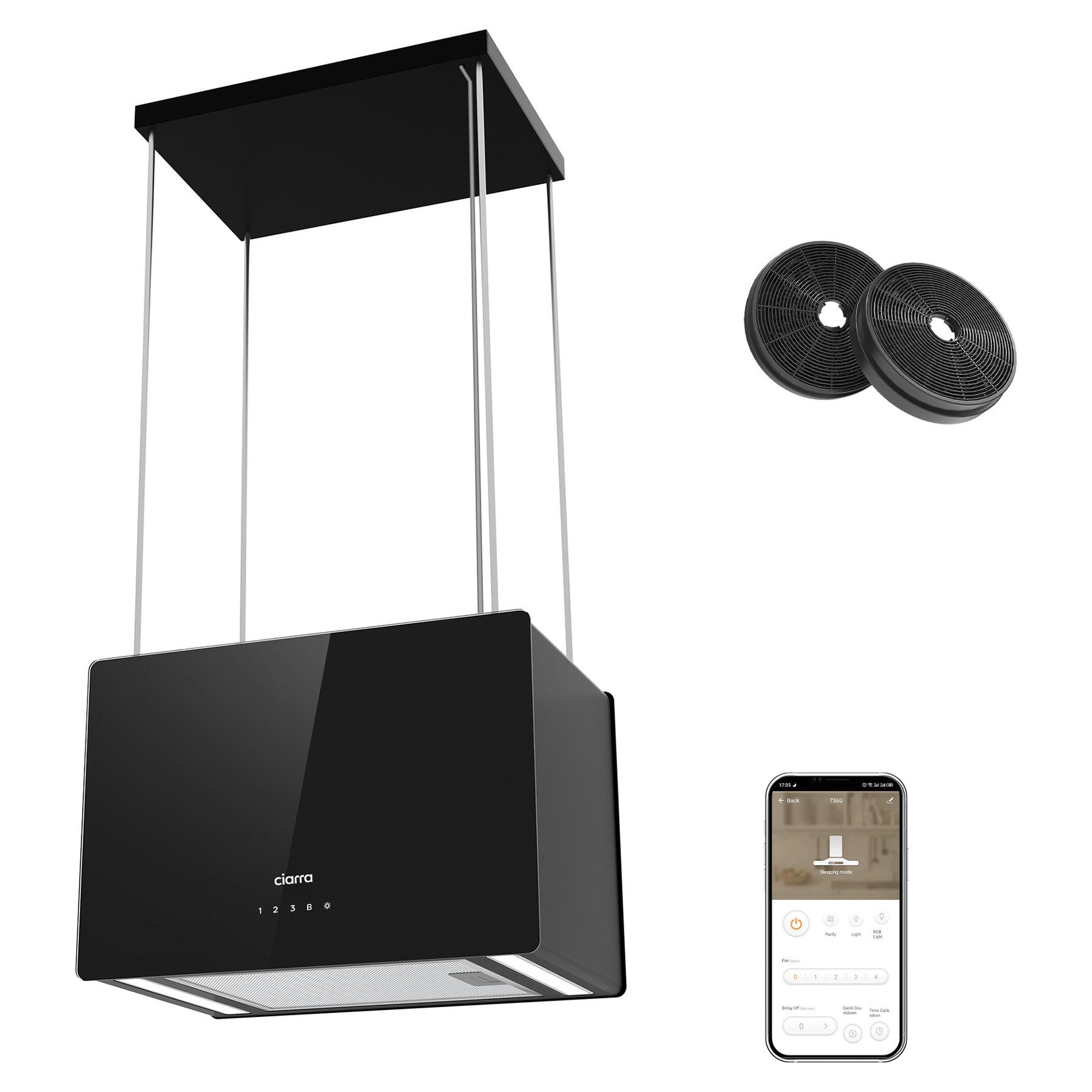 CIARRA Inselhaube 48 cm A+++ 700 m³/h hohe Saugleistung WIFI-APP Touch Control CBCB4850 48 cm A+++ 700 m³/h hohe Saugleistung WIFI-APP Touch Control CBCB4850, Leise Dunstabzugshaube freihängend Umluft Inkl. BOOST 4 Stufen mit LED