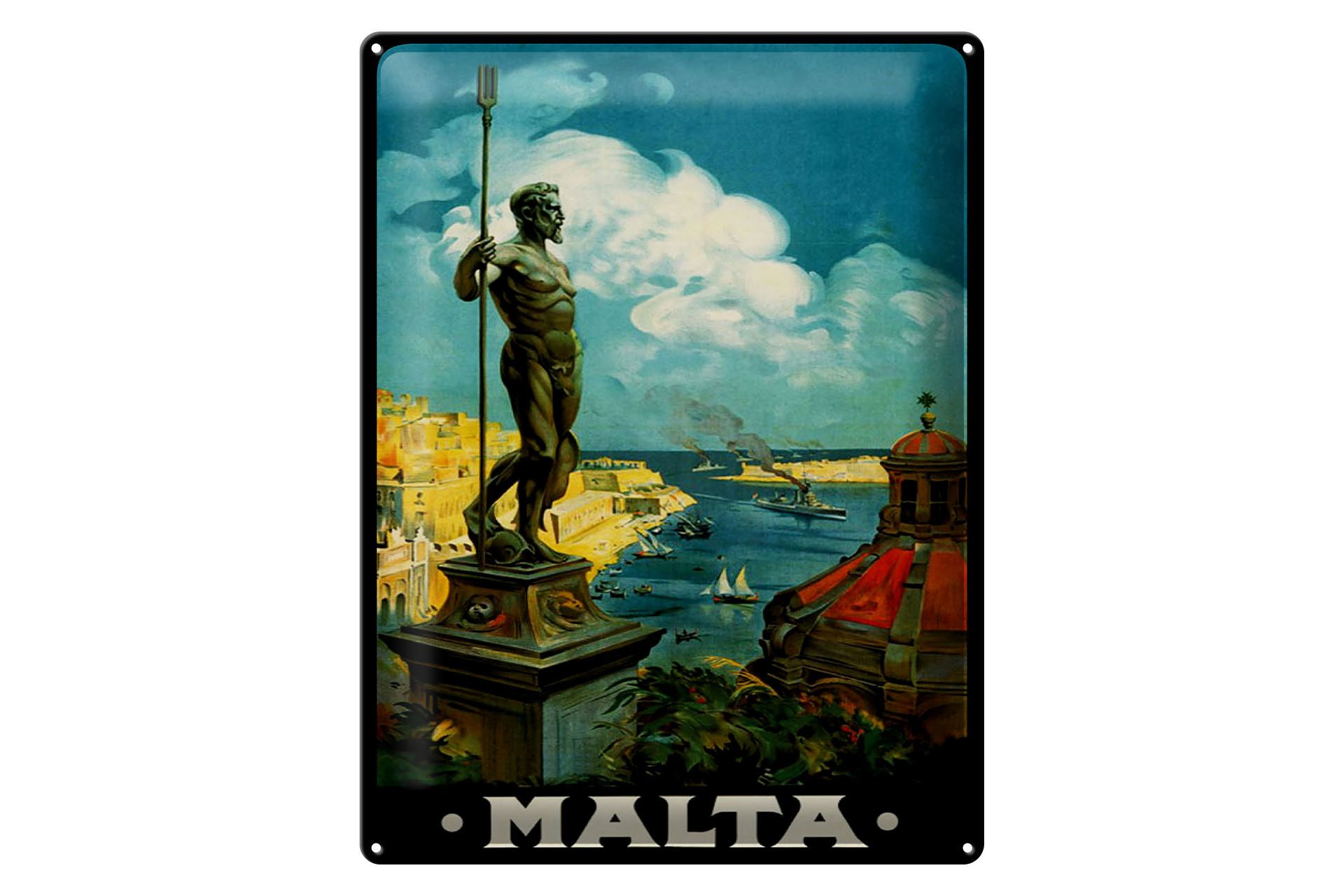 Femer GmbH Metallschild Reise 30x40 cm Malta Poseidon Statue, (1 St), gewölbte Oberfläche, abgerundete Ecken, umgeschlagene Kanten