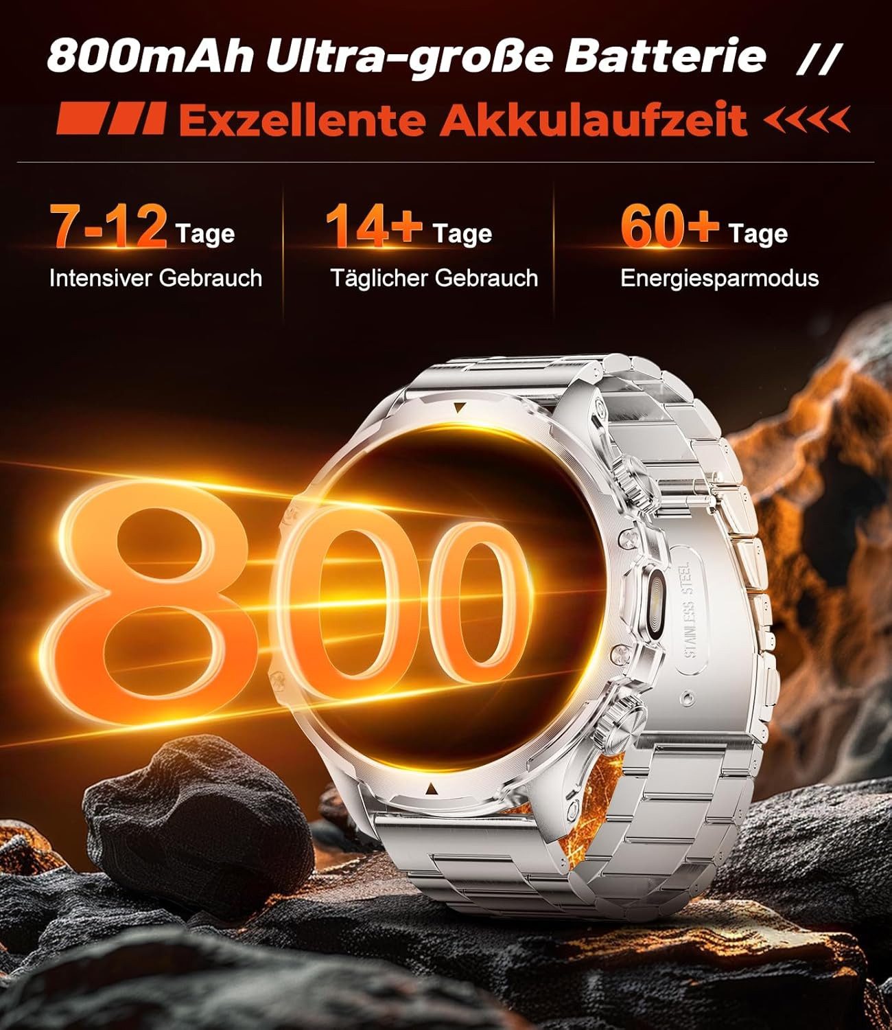 Zevelora Herren Militär 800mAh Akku HD-Display IP68 Wasserdicht Fitness-Tracker Smartwatch (1,85 Zoll, Android/iOS), Fitnessuhr mit SpO2/Herzfrequenz,Schlafmonitor für Android/iOS