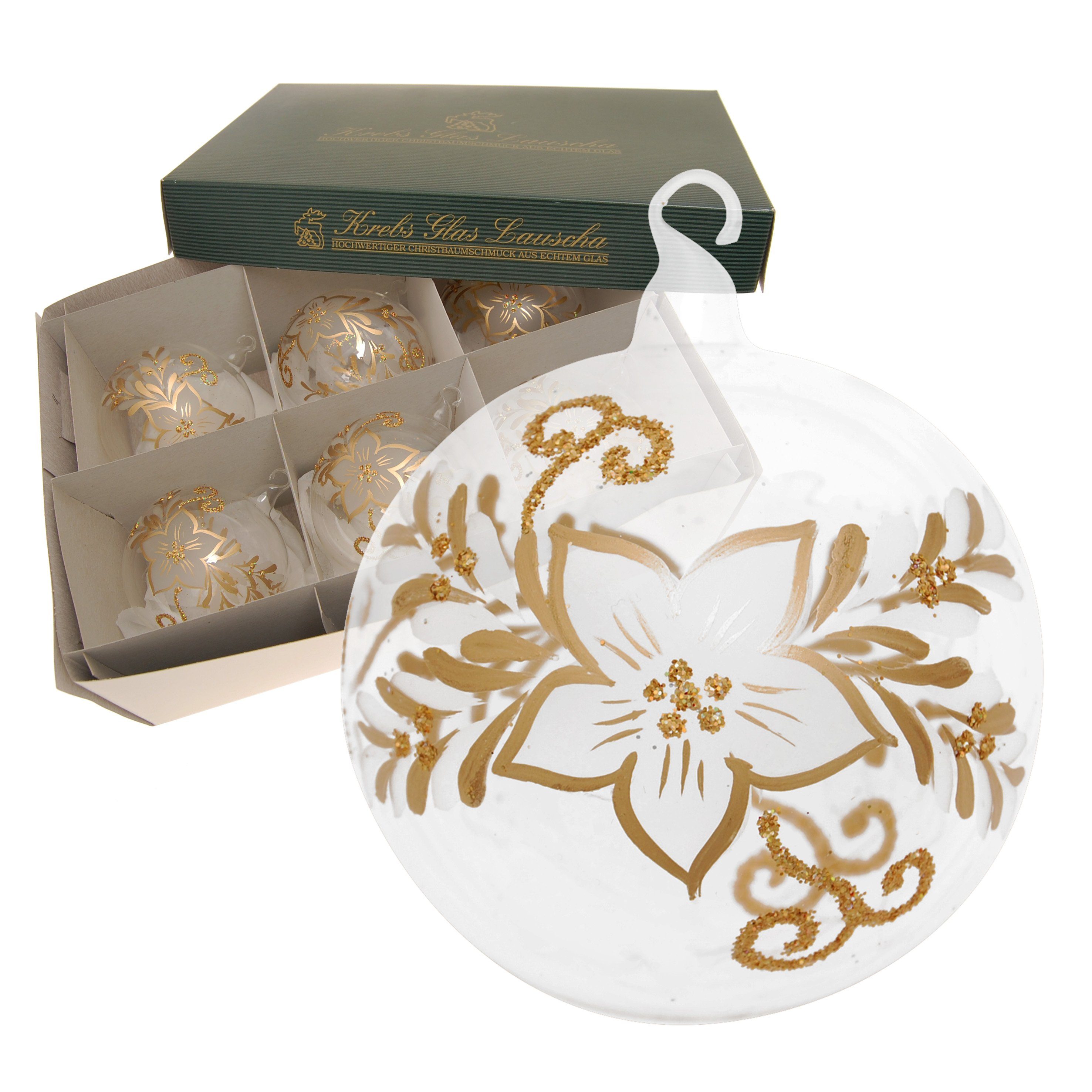 Christbaumschmuck Glaskugel "Frostige Blume" Gold (White Xmas Night), Kristallklar, 8cm (6-tlg)