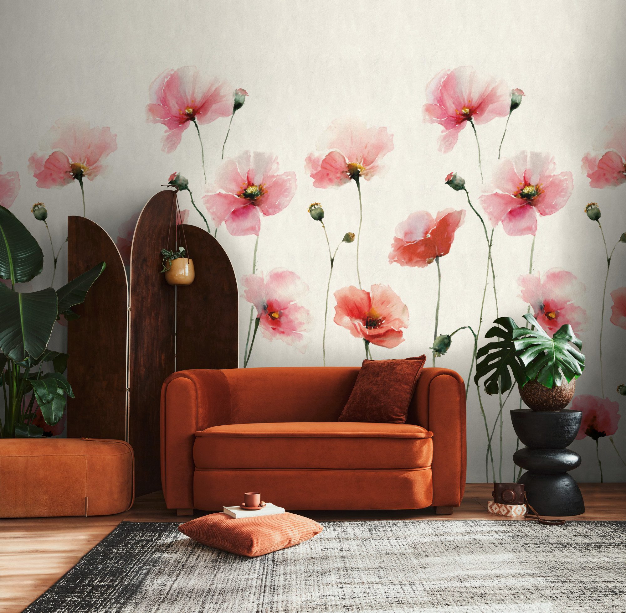 living walls Fototapete The Wall 4 Flowers – Aquarell-Mohnblumen Vlies-Fototapete, leicht strukturiert, floral, matt, botanisch, (1 St), Aquarell-Mohnblumen mit fließender Tiefenwirkung