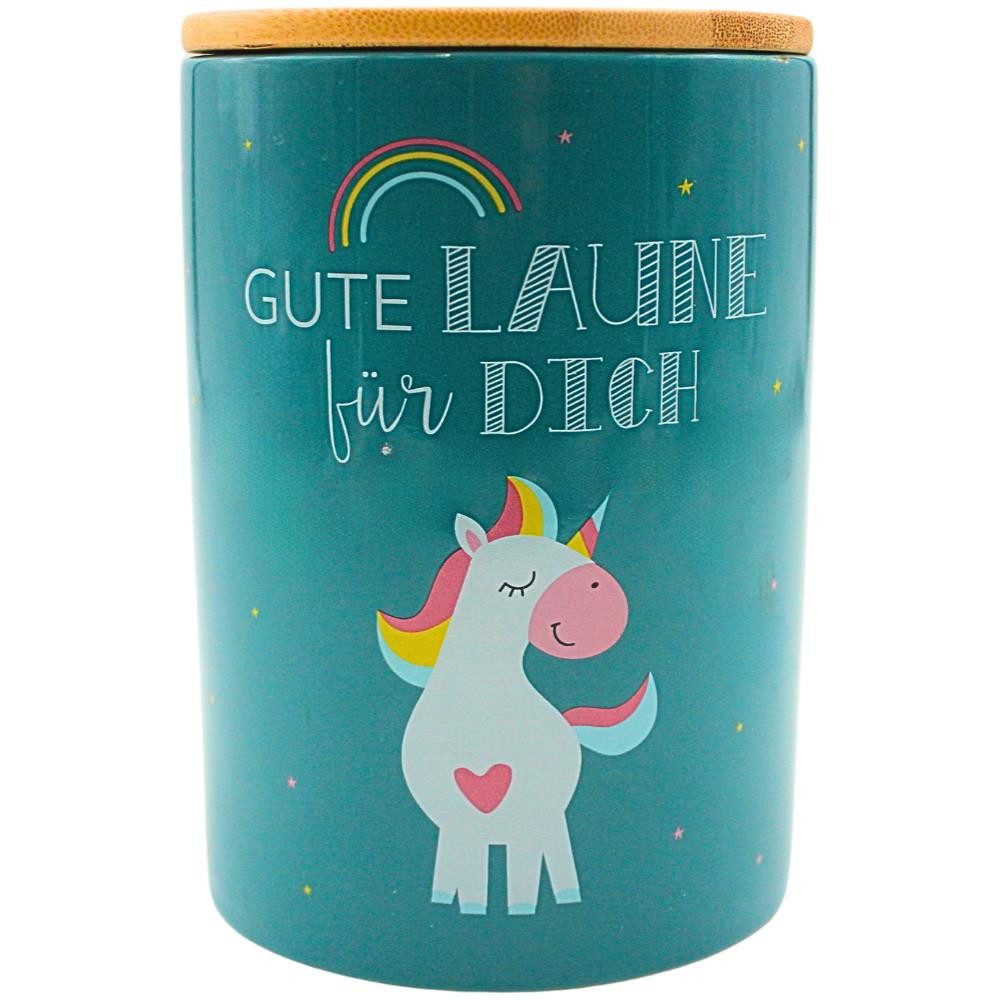 Dekohelden24 Aufbewahrungsdose Stilvolle Keramik Aufbewahrungsdose Gute Laune für dich Motiv: Einhorn (1 St), Kaffeedose / Frischhaltedose / Gebäckdose Größe: H/Ø 15,6 x 11 cm.
