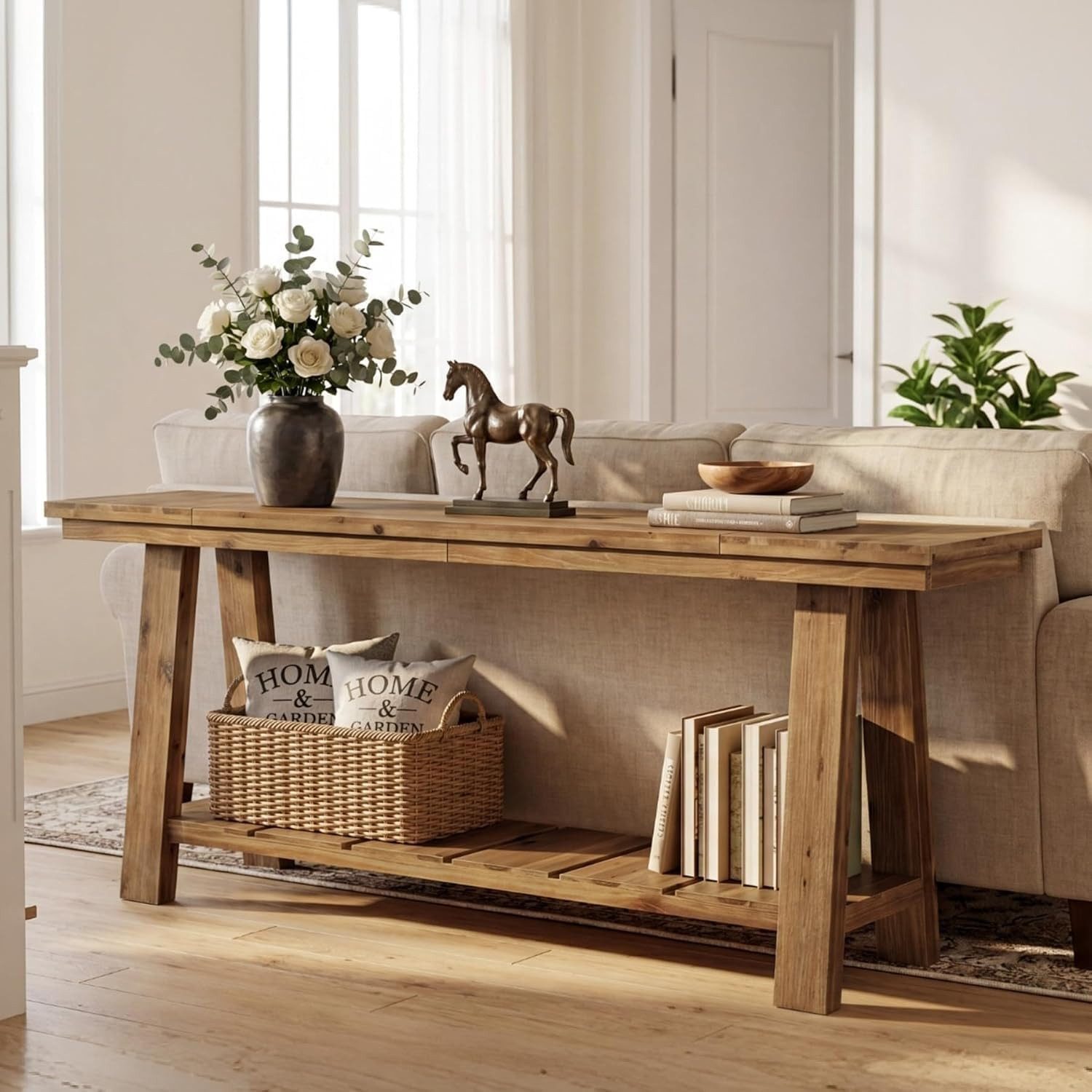 Tribesigns Konsolentisch Konsolentisch 200 cm Massivholz schmal 2-stufig A-Gestell Landhausstil
