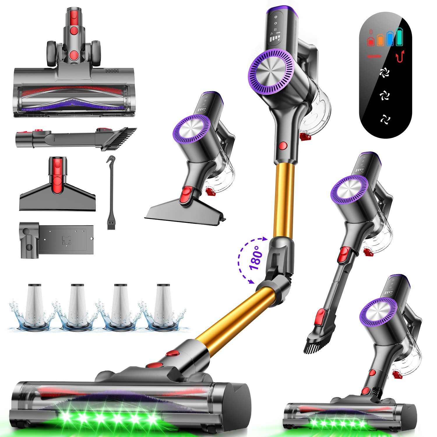 Hiazurm Akku-Hand-und Stielstaubsauger Akku Staubsauger, 75000Pa/70Min/1.6L Staubsauger Kabellos, Mit Selbststehendes Design, 180° Flexibles Biegegelenk, OLED Display,GreenEye-Technologie, Anti-Tangle Bodenbürste Staubsauger für Hartböden Teppiche
