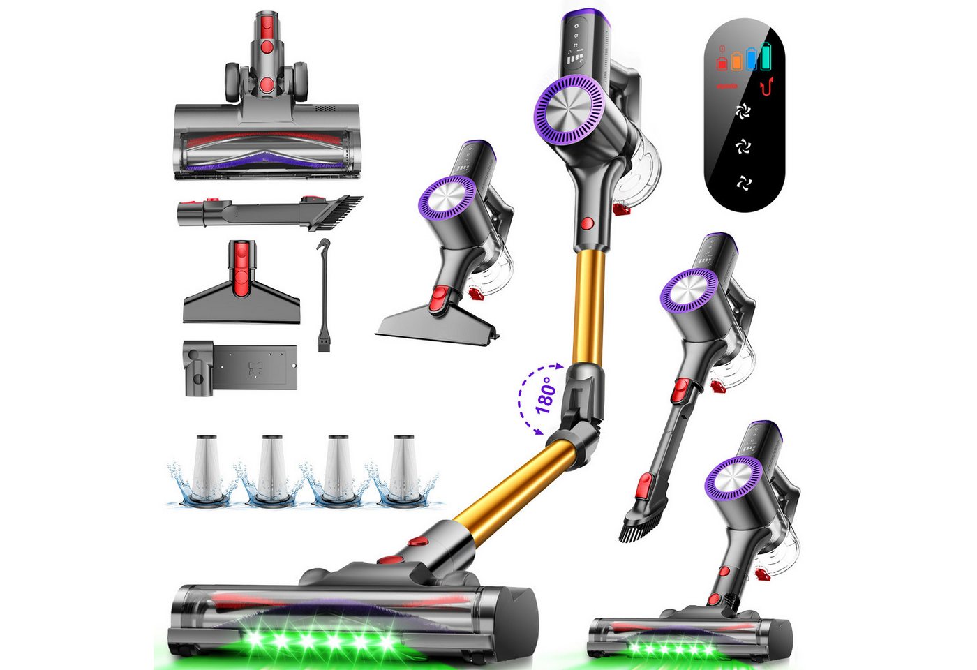Hiazurm Akku-Hand-und Stielstaubsauger Akku Staubsauger, 75000Pa/70Min/1.6L Staubsauger Kabellos, Mit Selbststehendes Design, 180° Flexibles Biegegelenk, OLED Display,GreenEye-Technologie, Anti-Tangle Bodenbürste Staubsauger für Hartböden Teppiche