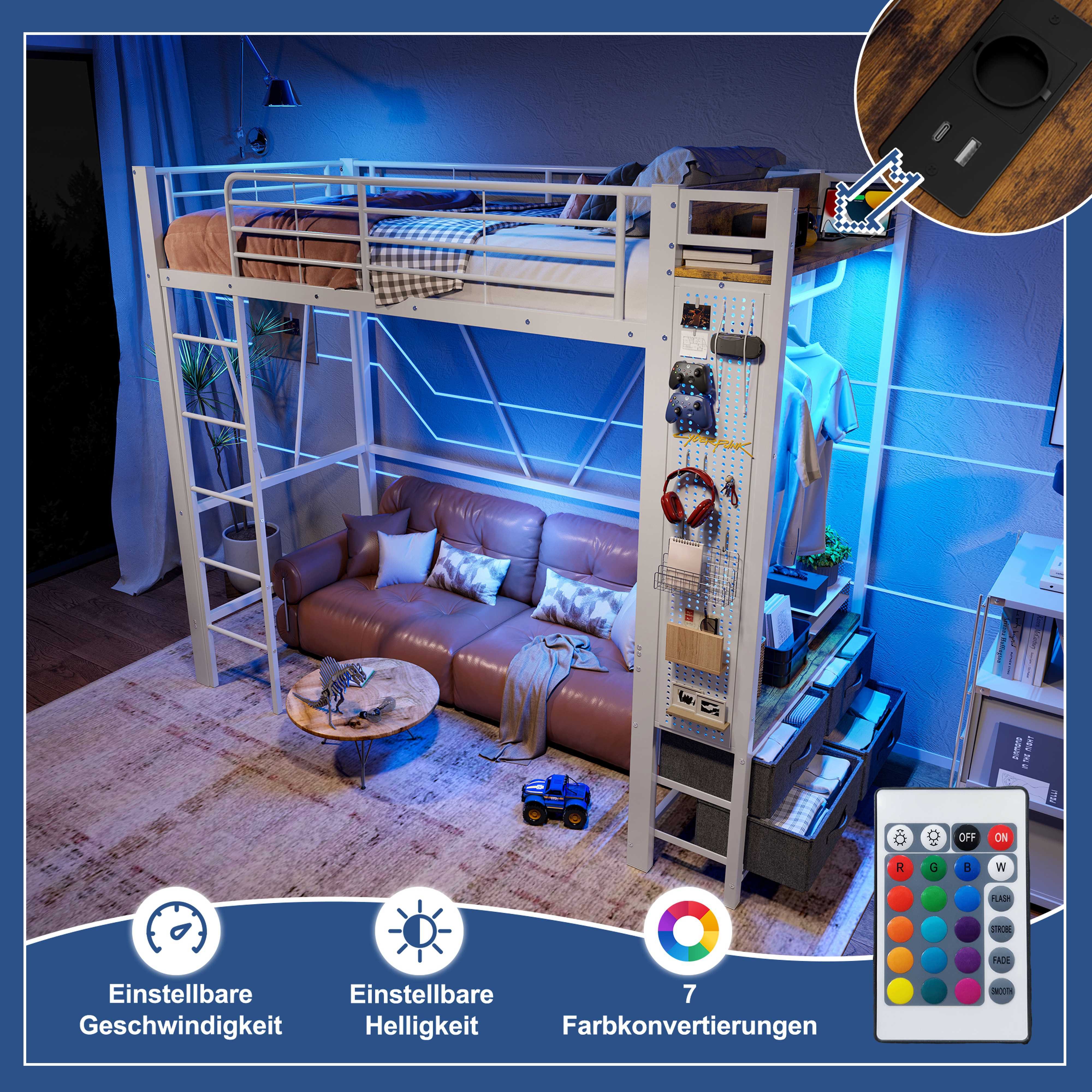 BlingBin Hochbett (1-St., Multifunktionales Metallbett mit 4 Schubladen, Regalen, Hängestange) LED-Beleuchtung, Steckdose und USB-C, 90×200CM für das Schlafzimmer