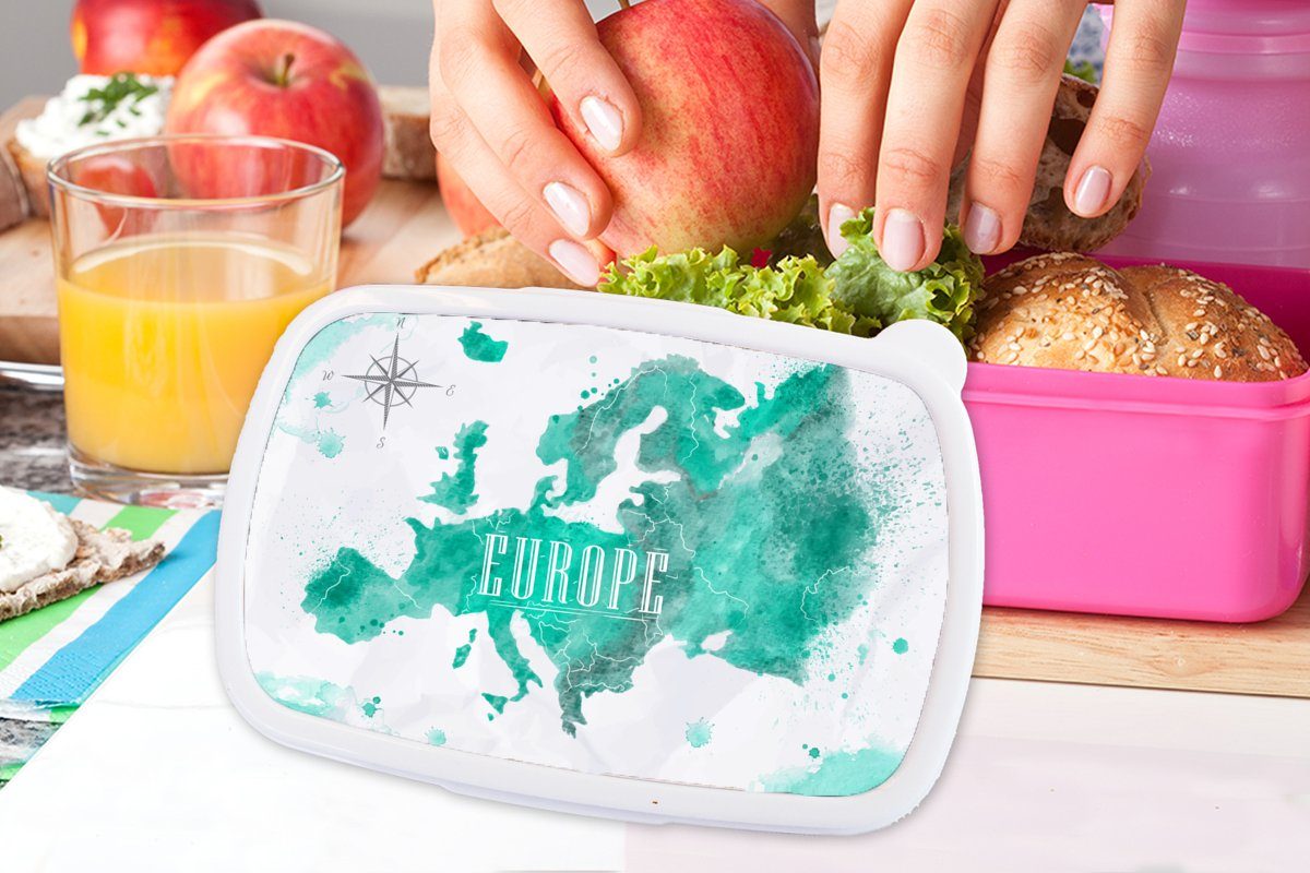 Kinder, Brotdose (2-tlg), Weltkarte Brotbox Lunchbox Aquarell MuchoWow - Snackbox, - Mädchen, rosa Europa, Kunststoff, Kunststoff für Erwachsene,