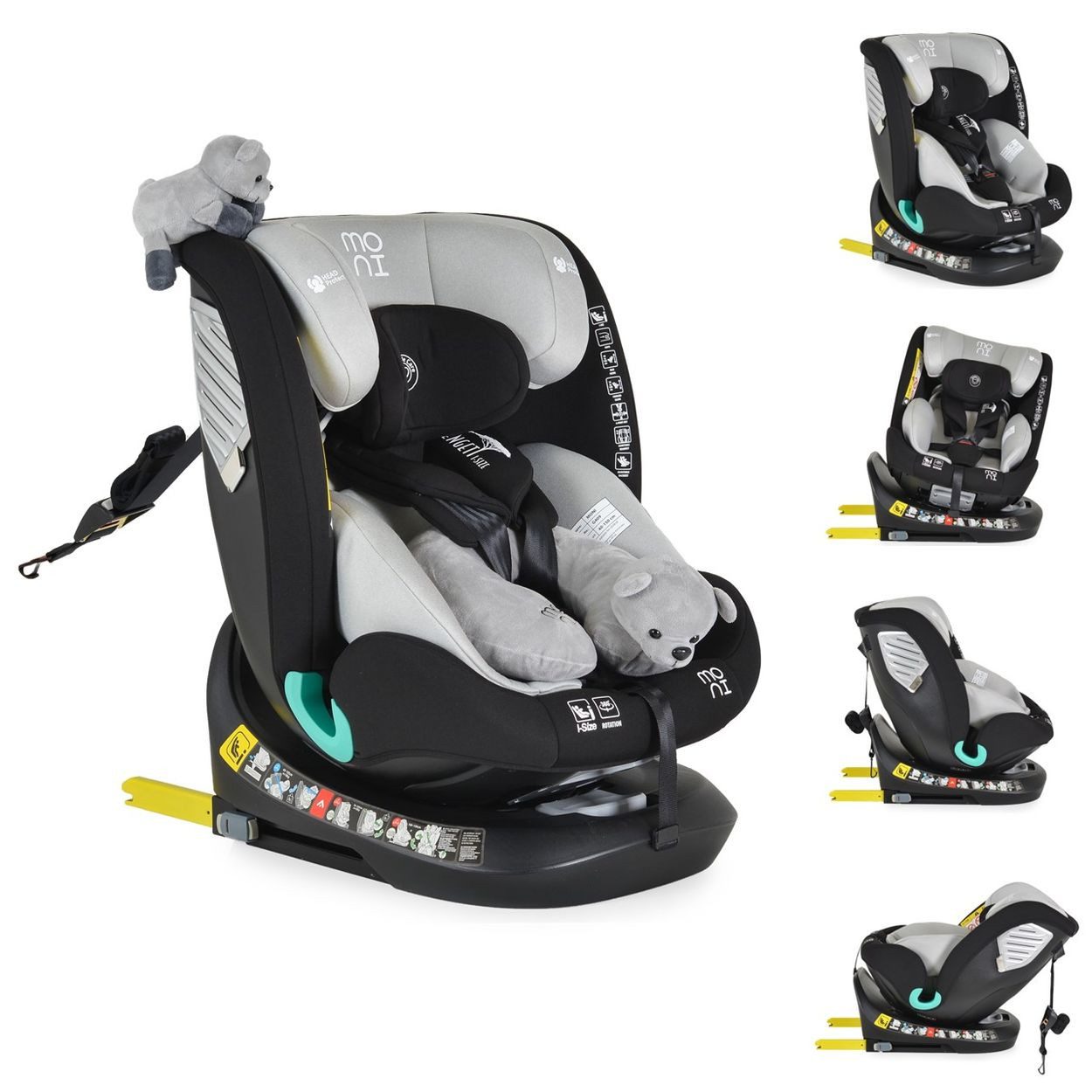 Moni Autokindersitz Kindersitz Serengeti i-Size, ab: 0, bis: 12, bis: 36 kg, (40-150cm) Isofix, Kuscheltier, Nackenkissen